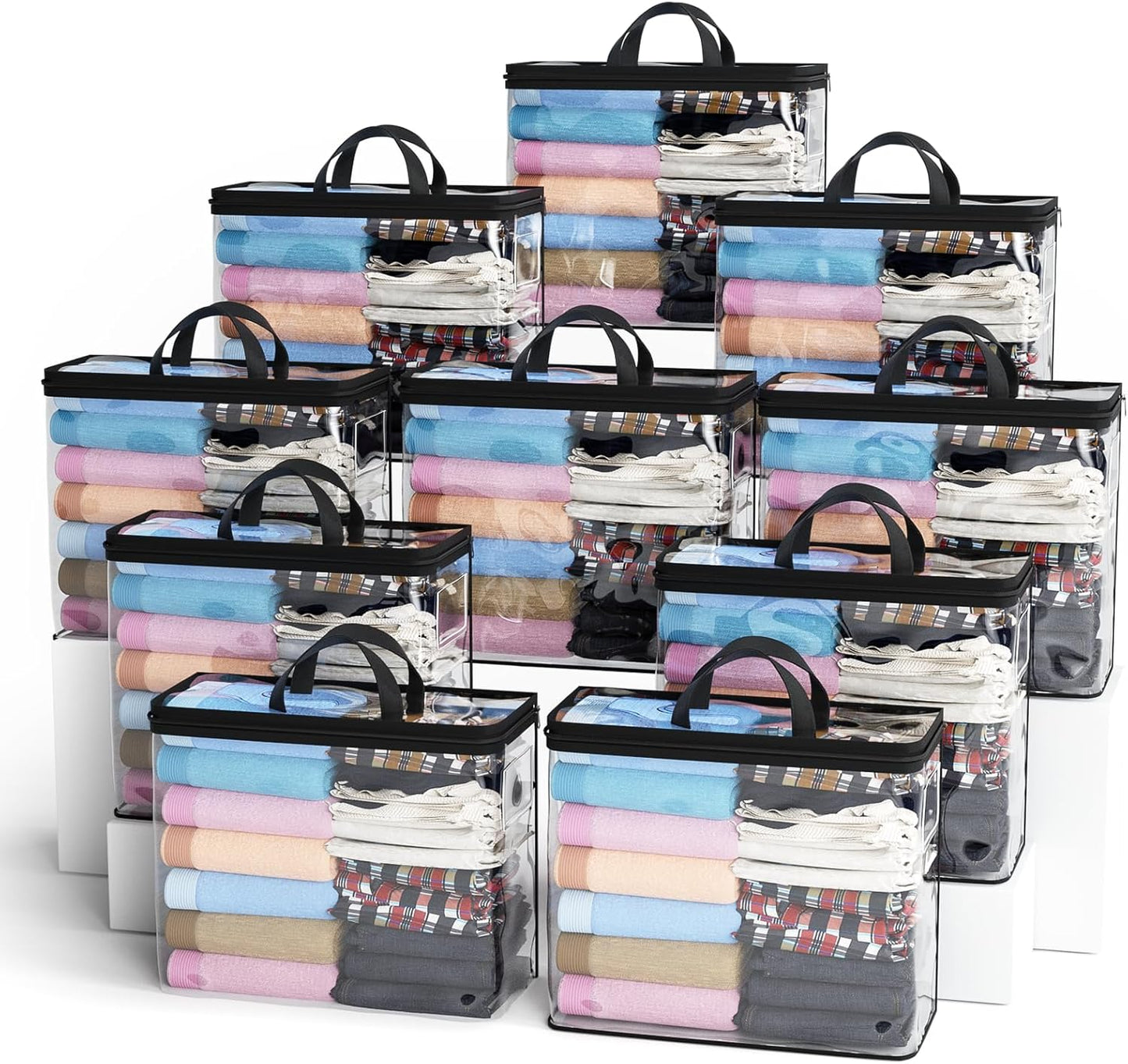 10PACK Clear Zippered Storage Bag for Clothes, 22L Clear Storage Bags, and Blanket Storage Bags for Bedding, Linen, Blankets, Comforters, Clothing & Toys (Black)