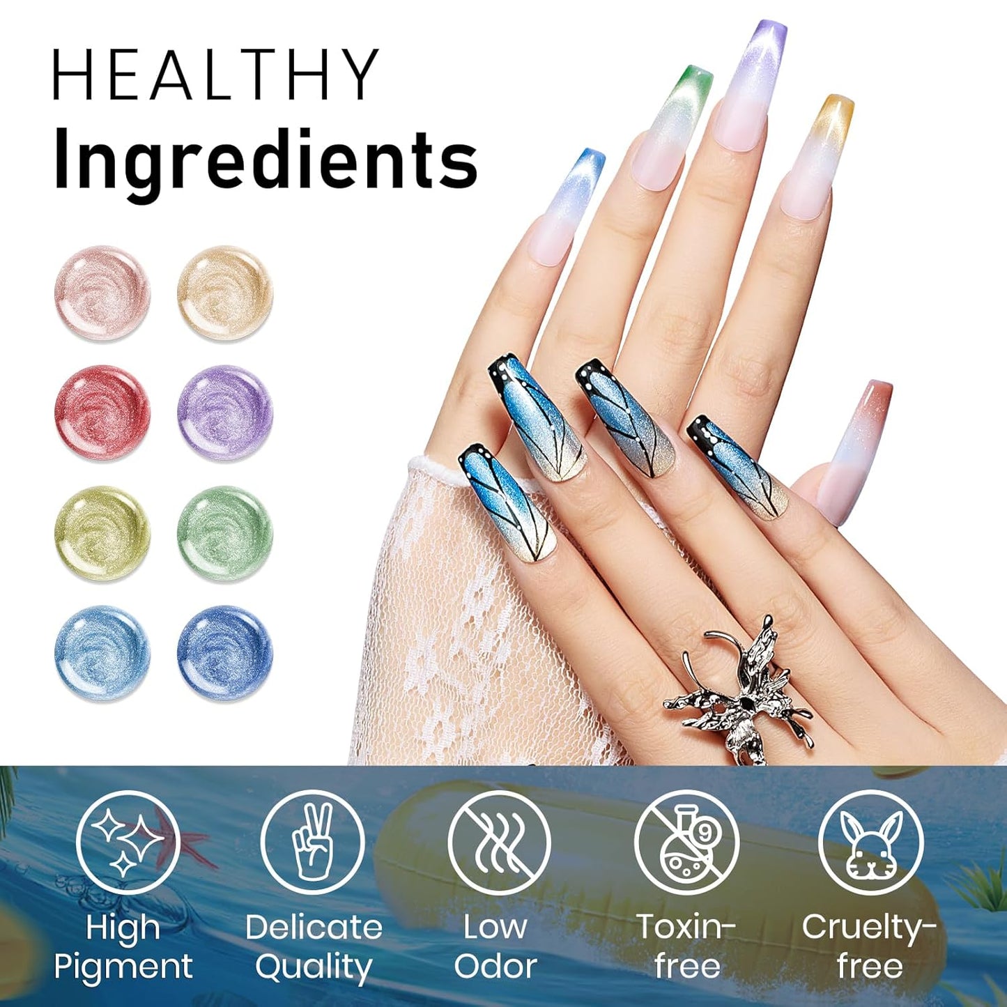 MIZHSE Cat Eye Gel Nail Polish: 8 Colors Summer Magnetic Gel Polish Kit with Magnet Stick, Shimmery Glitter Neon Colors Green Yellow Blue Soak Off Nail Art Salon Home Manicure Women Gift