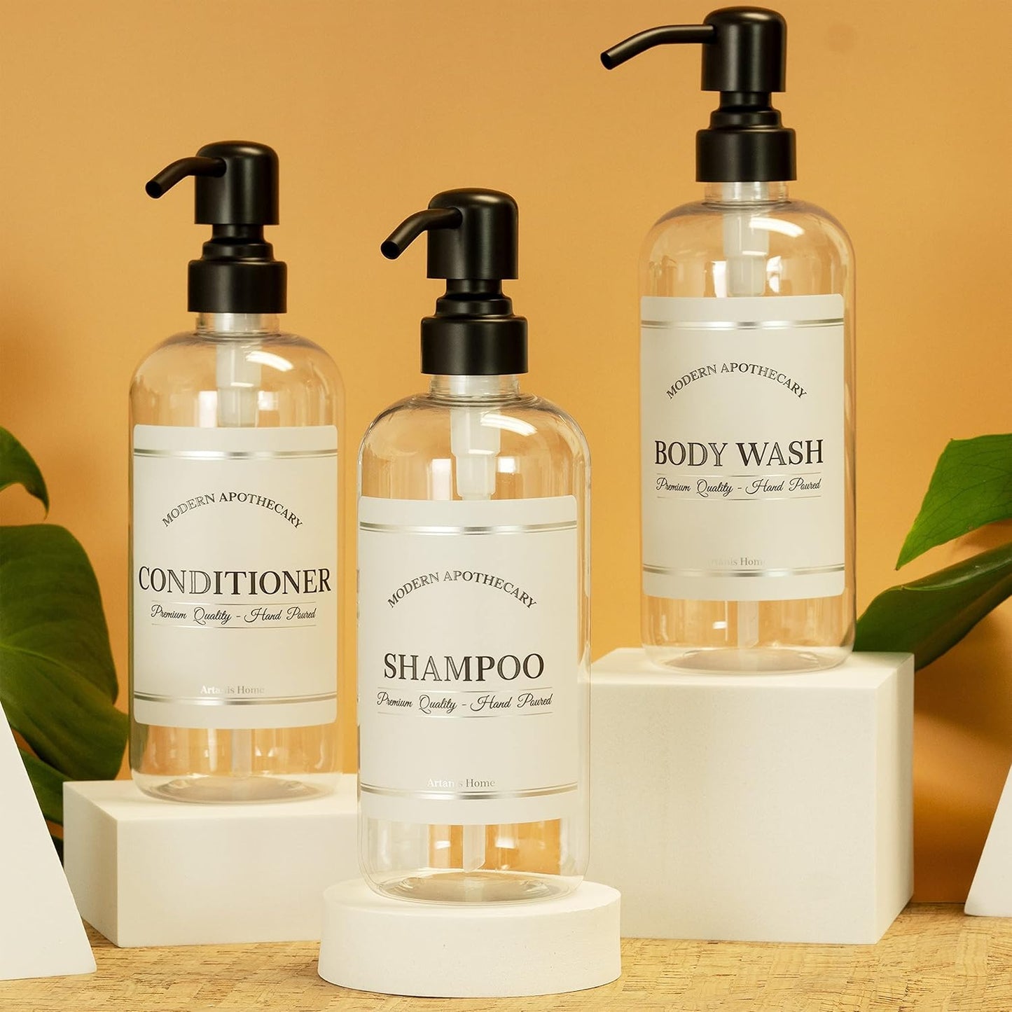 Clear Refillable Shampoo and Conditioner Bottles - Body Wash, Shampoo and Conditioner Dispenser - PET Plastic Shampoo Bottles Refillable with Pump - Waterproof Labels - 16 oz, 3 Pack (Black Satin)