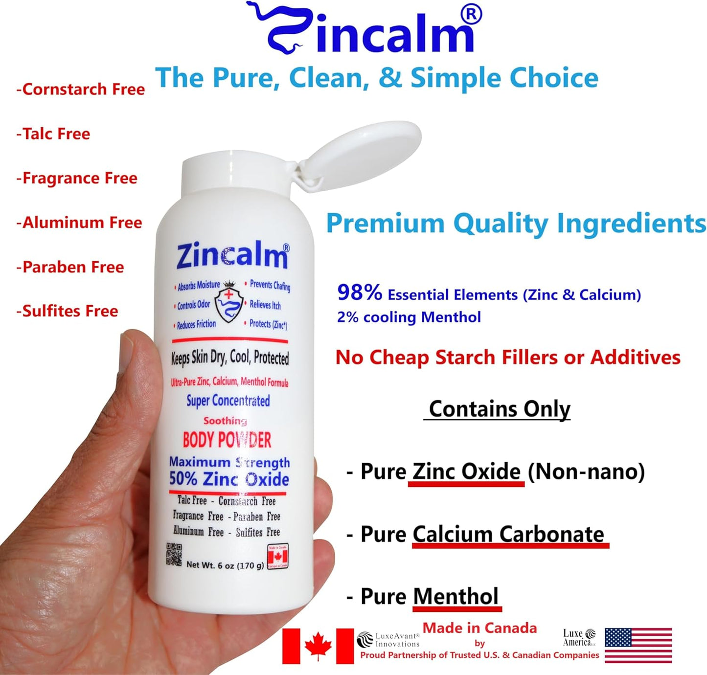 Zincalm All-Natural Body & Foot Powder, Concentrated 50% Zinc, Cornstarch-Free Moisture/Odor Absorbing Anti-Chafing/Friction, Itch Relief Formula for Dry/Cool Skin with Ultra-Pure Calcium & Menthol