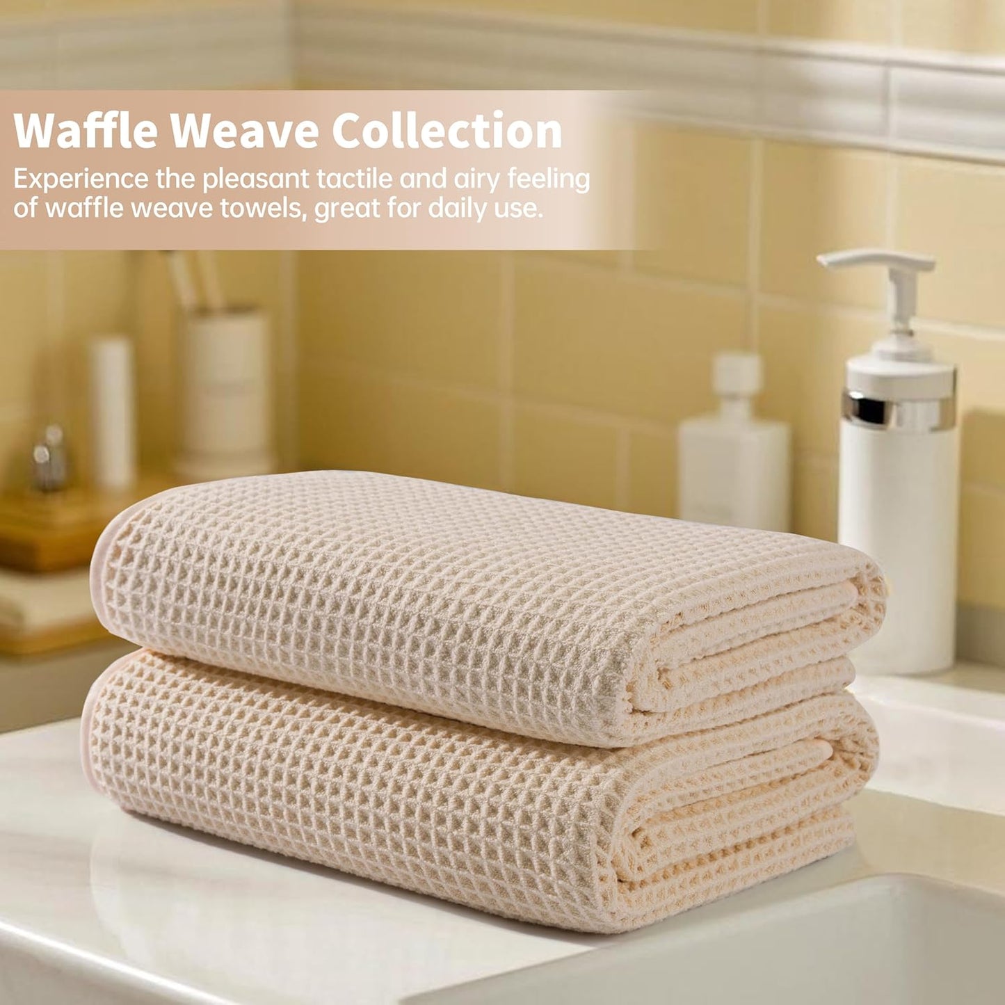 New Microfiber Waffle Bath Towels, 2 Pieces, Oversized, Soft, Absorbent, Fast Drying, Lint Free (Champagne)