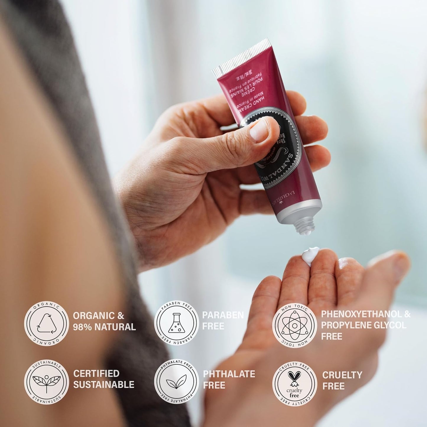 La Chatelaine 20% Shea Butter Hand Cream Travel Size, Men, Unisex, Organic Argan Oil, Moisturizing, Nourishing, Extra-Rich Hand Lotion, Made in France, Paraben Free, 1 oz / 30ml (Sandalwood)