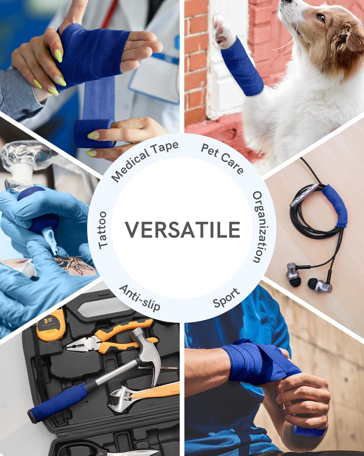 FriCARE Self Adhesive Bandage Wrap, Medical Tape in First Aid Kit, Cohesive Bandages for Wounds Sport Vet, 2 Inches X 5 Yards 6 Rolls, Royal Blue