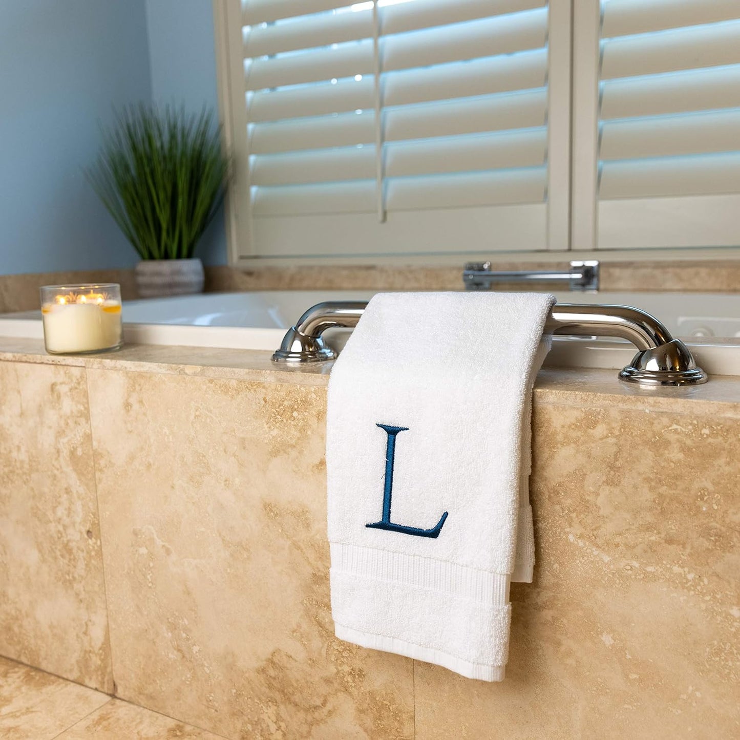 Monogrammed Hand Towels for Bathroom - Luxury Hotel Quality Personalized Initial Decorative Embroidered Bath Towel for Powder Room, Spa - GOTS Organic Certified - Set of 2 Navy Letter L