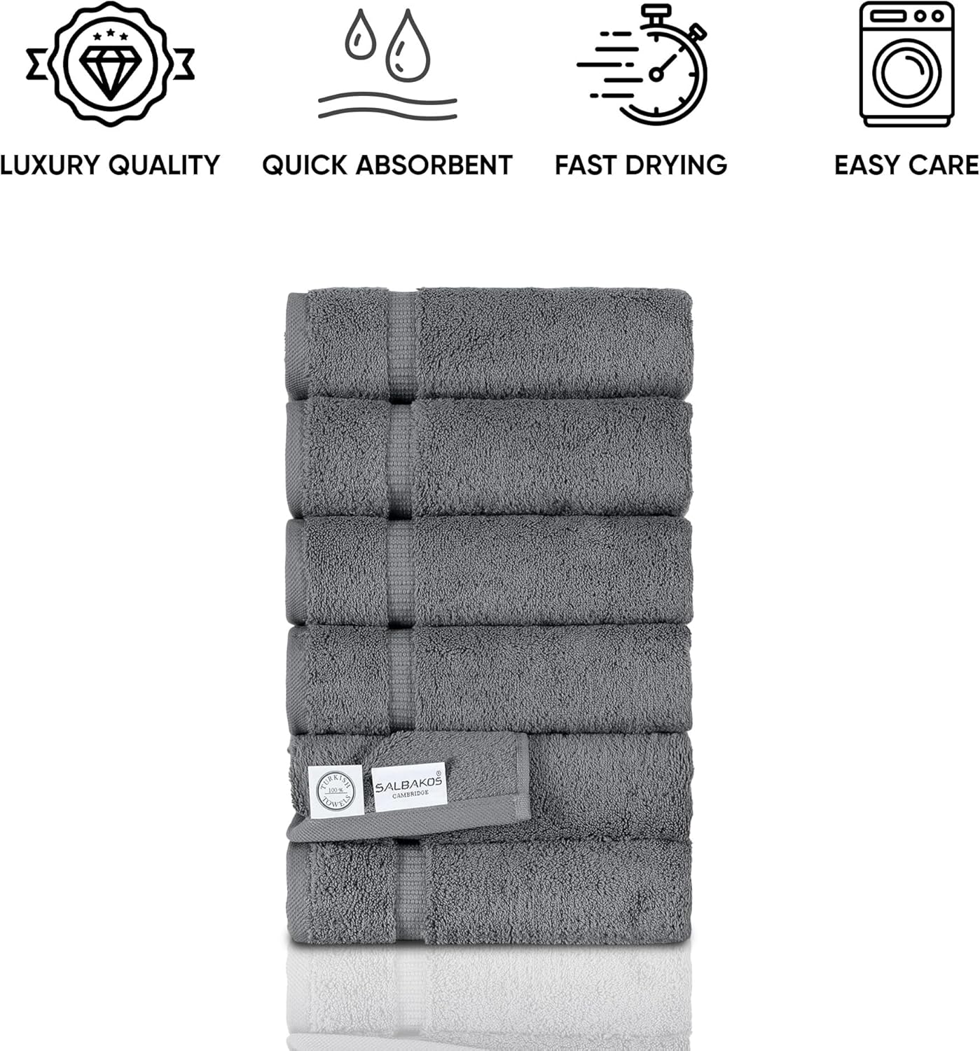 SALBAKOS 100% Turkish Cotton Hand Towel Set of 6 16x30 inch | Heirloom Quality | Hotel & Spa Collection | Ultra Soft, Super Absorbent, Long Lasting Hand Towels | Made in Turkey (Gray, 6 Hand Towels)
