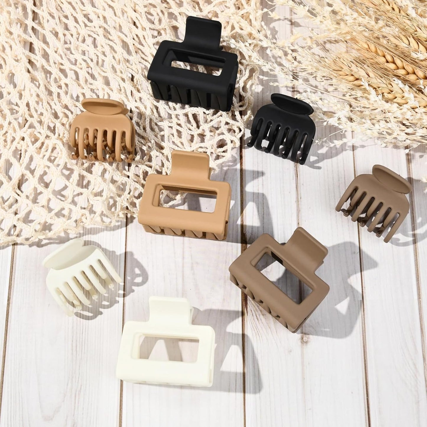 DEEKA 8 Pack Medium Small Hair Clips Set 2"" Rectangle and 1.6"" Double Row Teeth Hair Claw Clips for Thin Short Hair Matte Hair Clips Hair Accessories for Women Girls, Beige, Brown, Khaki, Black