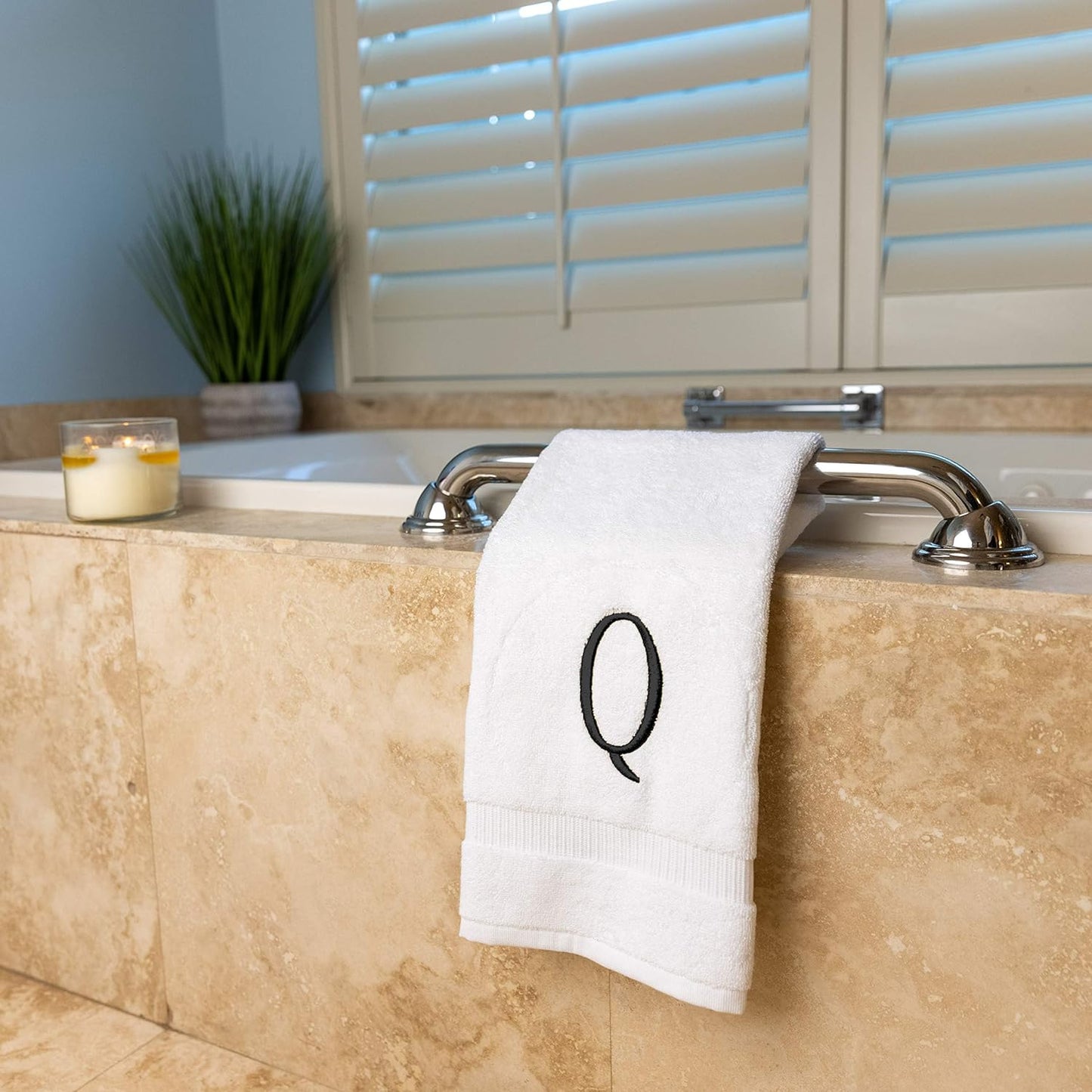 White Powder Room Hand Towel - Monogram Initial Hotel Quality Decorative Embroidered Luxury Towel for Spa - GOTS Organic Certified - Set of 2 Dark Gray Letter Q