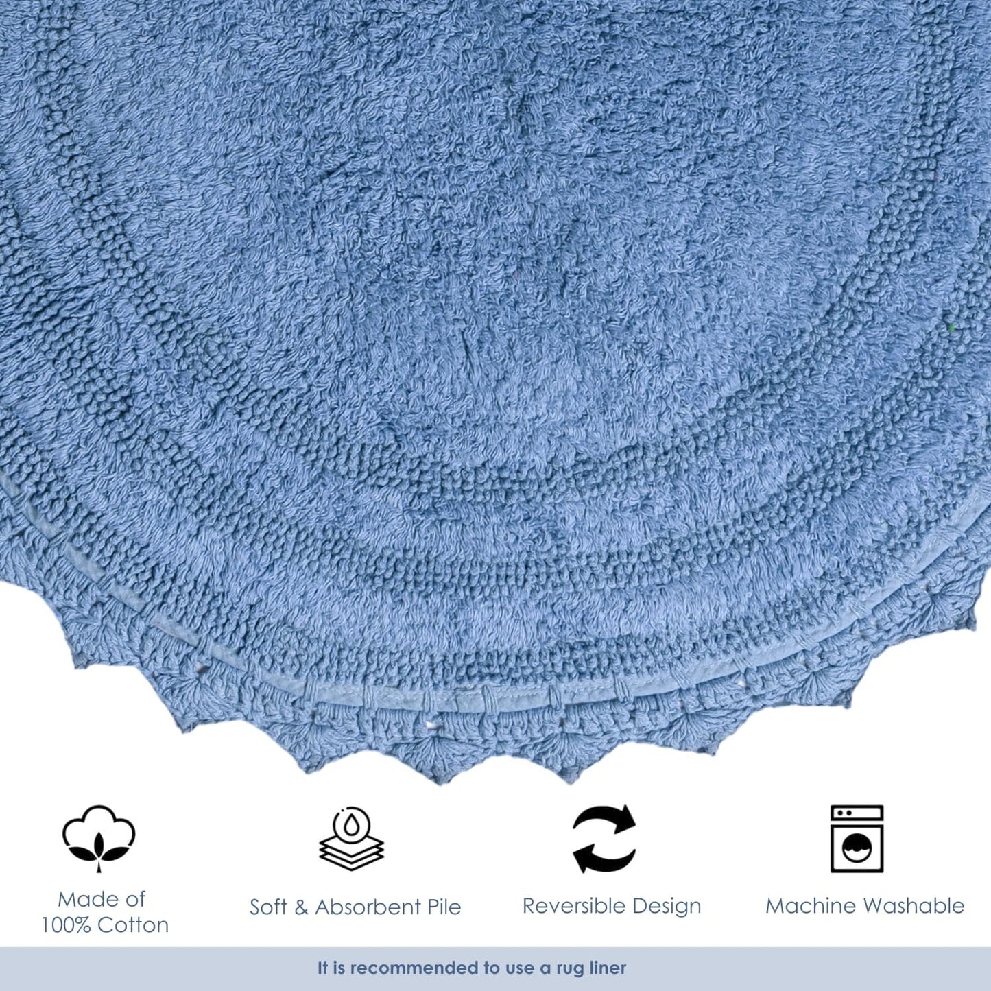 RAJRANG Bathroom Rug for Kitchen and Spa with Crochet Pattern Cotton Absorbent Soft Reversible Woven Bath Mat Parisian Blue Oval 34x21 Inches