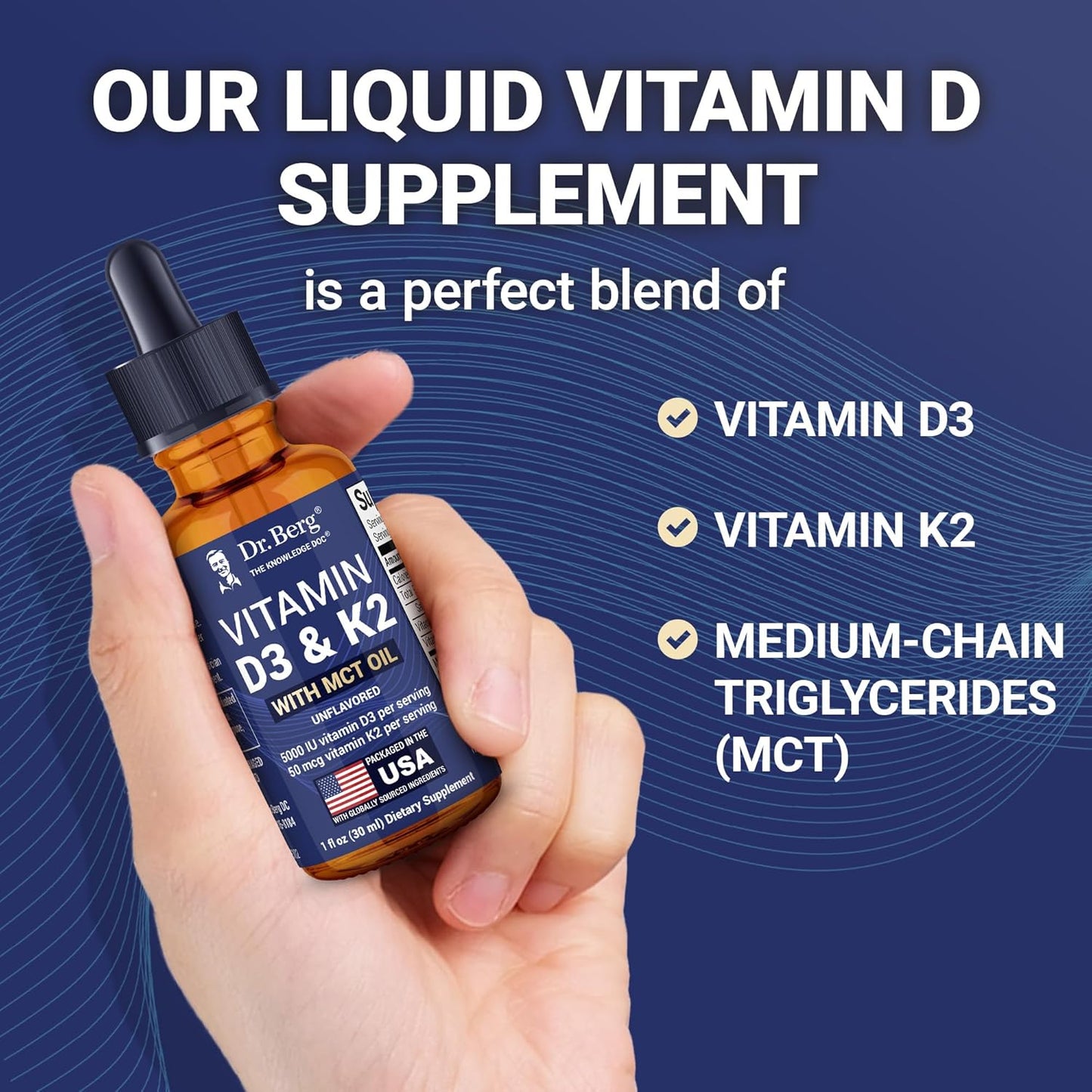 Dr. Berg Maximum Strength Vitamin D3 K2 Liquid Drops with MCT Oil – 5,000 IU Liquid Vitamin D3 with K2 – Supports Strong Bones, Heart, Energy, Immunity, and Overall Vitality* - Unflavored 1 Fl Oz