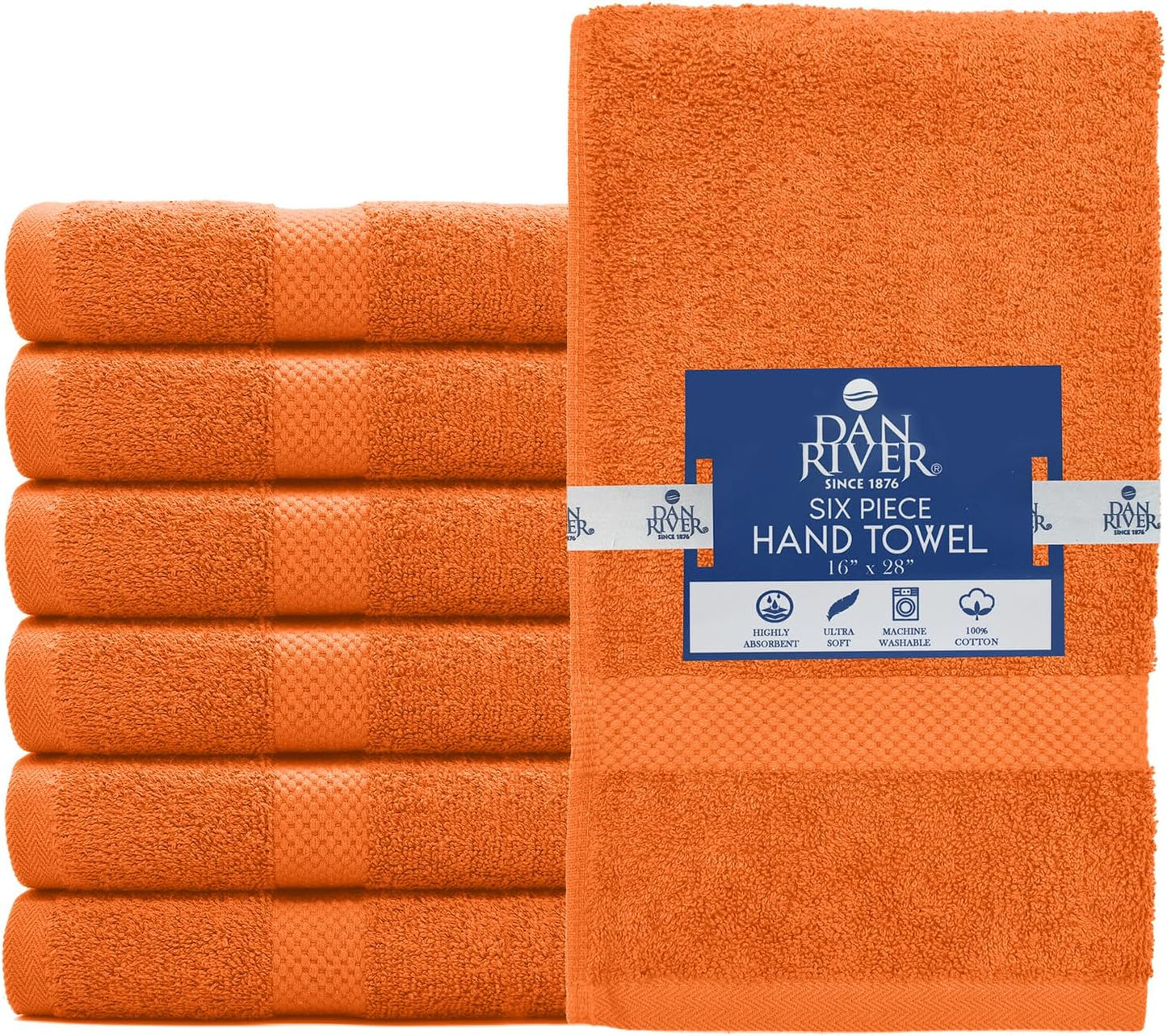 DAN RIVER 6-Pack Premium Hand Towels (16x28 Inches) - 100% Cotton, Ultra Soft, Lightweight, Highly Absorbent Towels for Bathroom, Spa, Gym, Salon, Hotel, and Travel - 550 GSM โ Orange
