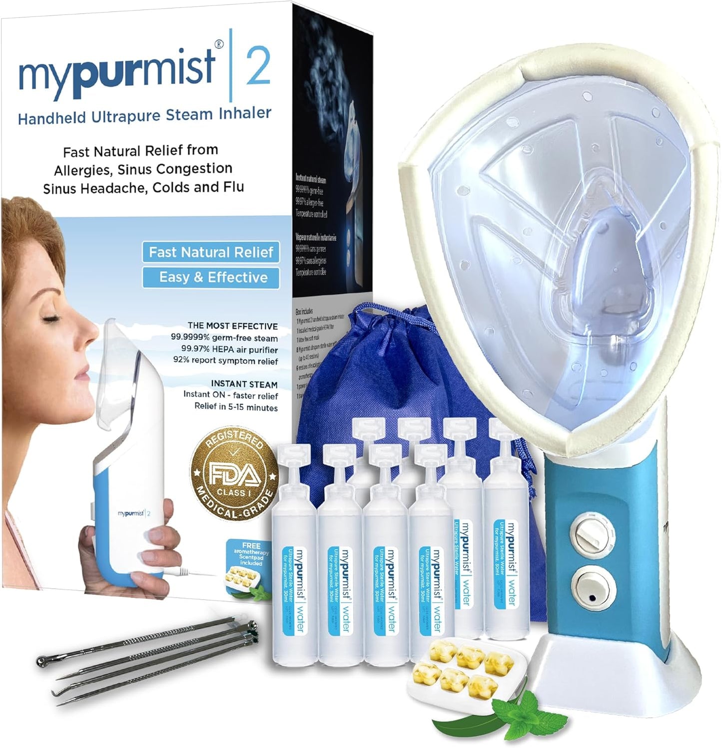 Mypurmistยฎ Essential Kit Plus Facial Steam - Steam Inhaler & Facial Steamer Combo, Personal Handheld Ultrapure Steam - Sinus Congestion Cold Cough Relief Vocal Care Skincare (Plug-in)