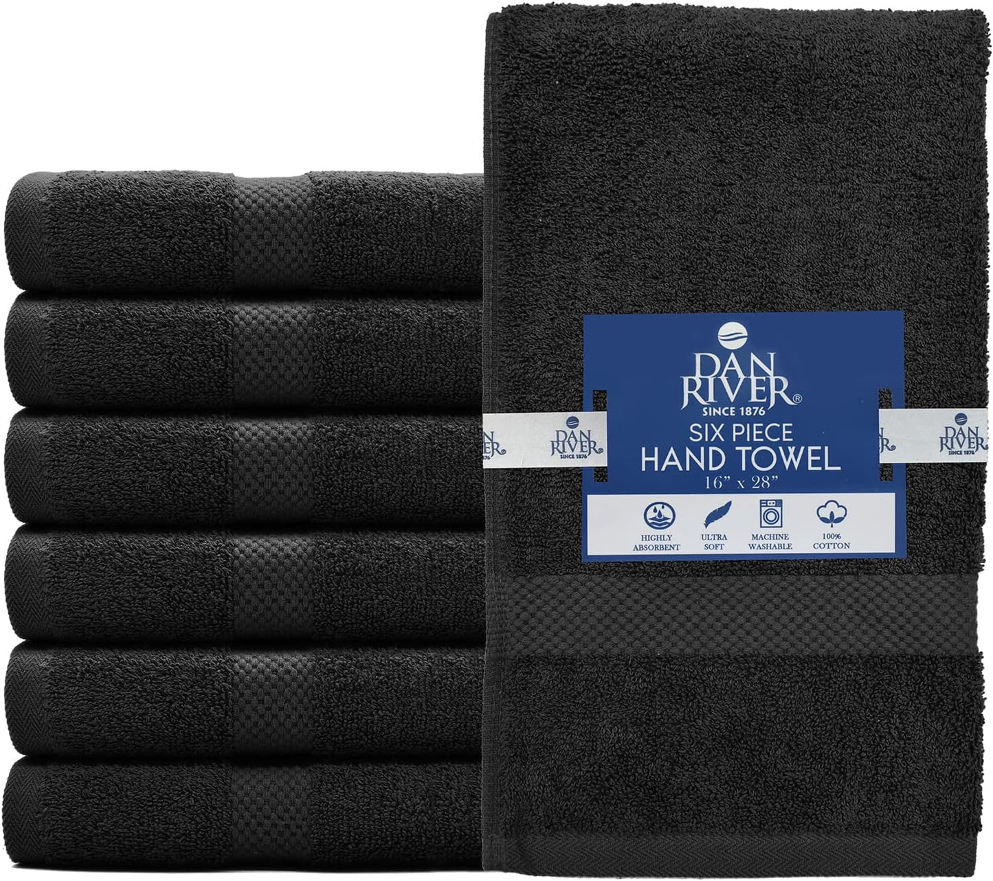 DAN RIVER 6-Pack Premium Hand Towels (16x28 Inches) - 100% Cotton, Ultra Soft, Lightweight, Highly Absorbent Towels for Bathroom, Spa, Gym, Salon, Hotel, and Travel - 550 GSM โ Black