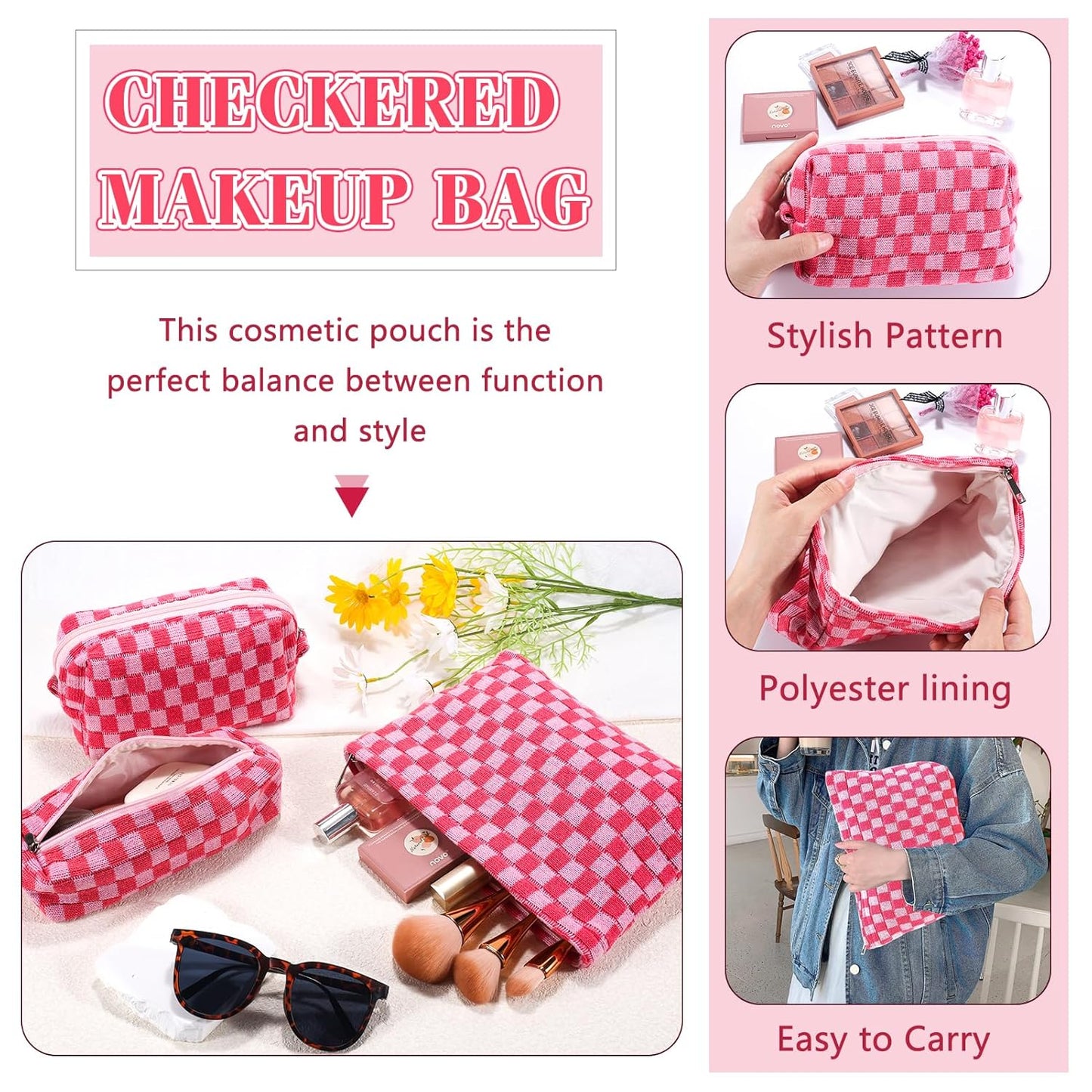ZLFSRQ 3Pcs Makeup Bag Checkered Cosmetic Bag Set Travel Toiletry Bags for Purse Large Small Makeup Pouch for Women Cute Preppy Pencil Pouch Case Pink Zipper Skincare Bags