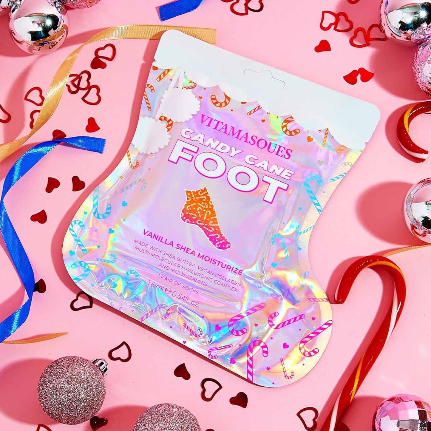 Vitamasques Candy Cane Moisturizing Foot Mask 5 Pairs - Korean Foot Mask with Shea Butter, Nourishing Feet Masks & Foot Moisturizing Socks for Hydration, Soft Skin & Relaxing Self-Care