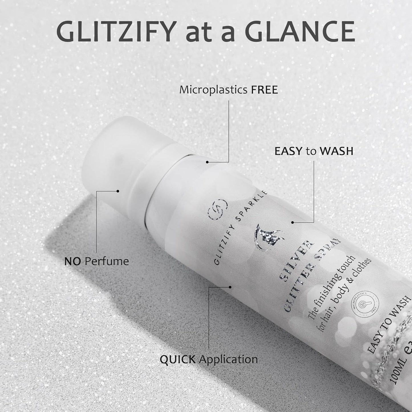 Sparkle Silver Shimmer Glitter Spray for Hair, Body & Clothes | Festival & Party Hair Spray | 100ML Eco-Friendly, Quick-Dry, Washable, Fragrance-Free with Sustainable Shine