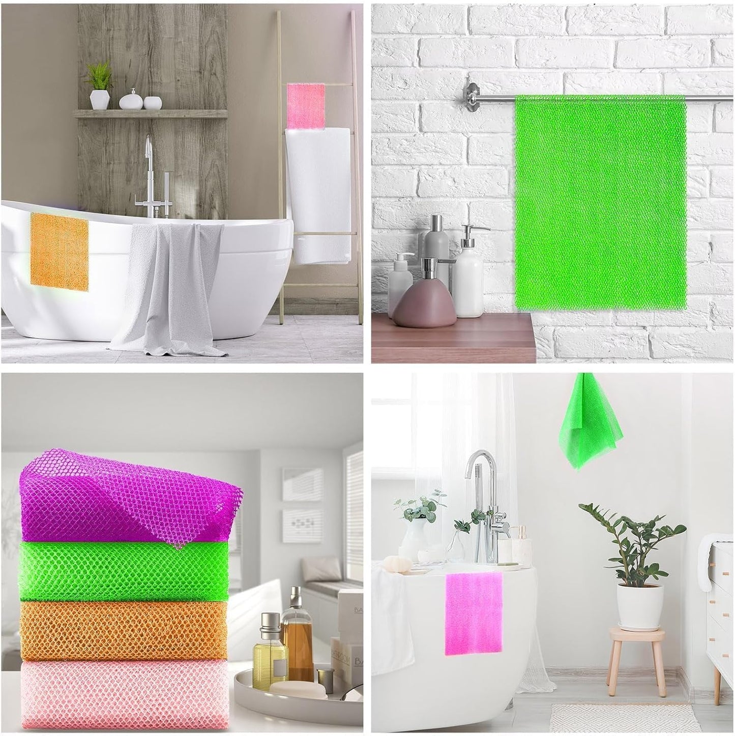 UJFQBH 4 Pieces African Net Sponge African Net Long Net Bath Sponge Exfoliating Shower Body Scrubber Back Scrubber Skin Smoother,Great for Daily Use (Purple, Orange, Green, Pink)