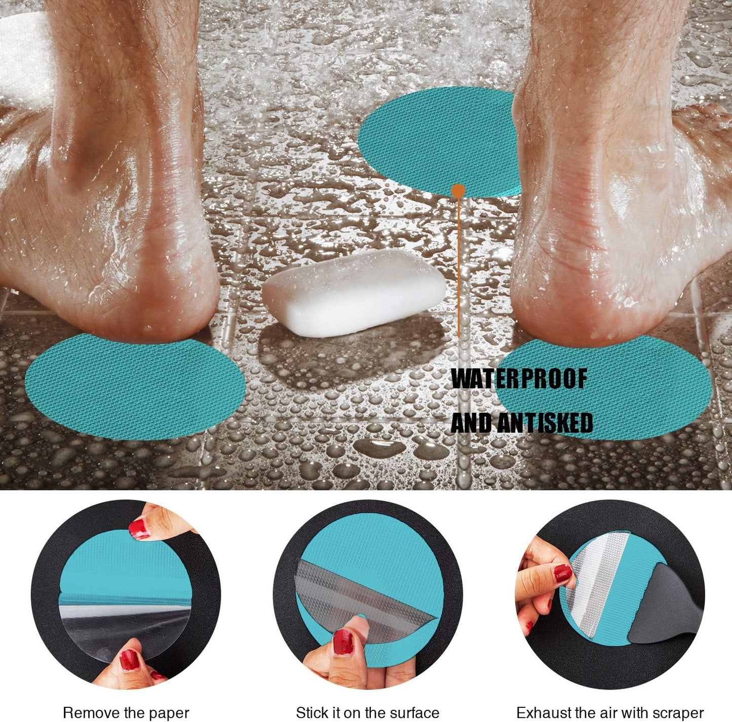 Non-Slip Bathtub Stickers, 24 PCS Safety Bathroom Tubs Showers Treads Adhesive Decals Scraper (Blue)