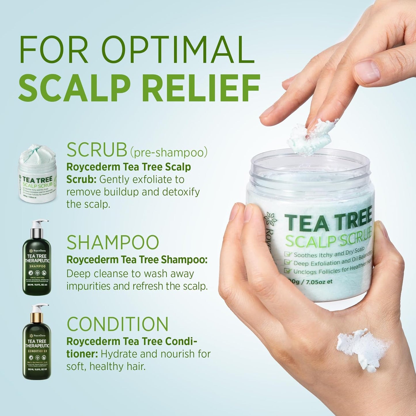 Roycederm Tea Tree Scalp Scrub: Anti Fungal Pre Shampoo, Itchy Relief Scalp Treatment for Dandruff, Psoriasis & Seborrheic Dermatitis - Gently Exfoliator, Relieves Dryness, Promotes Hair Growth