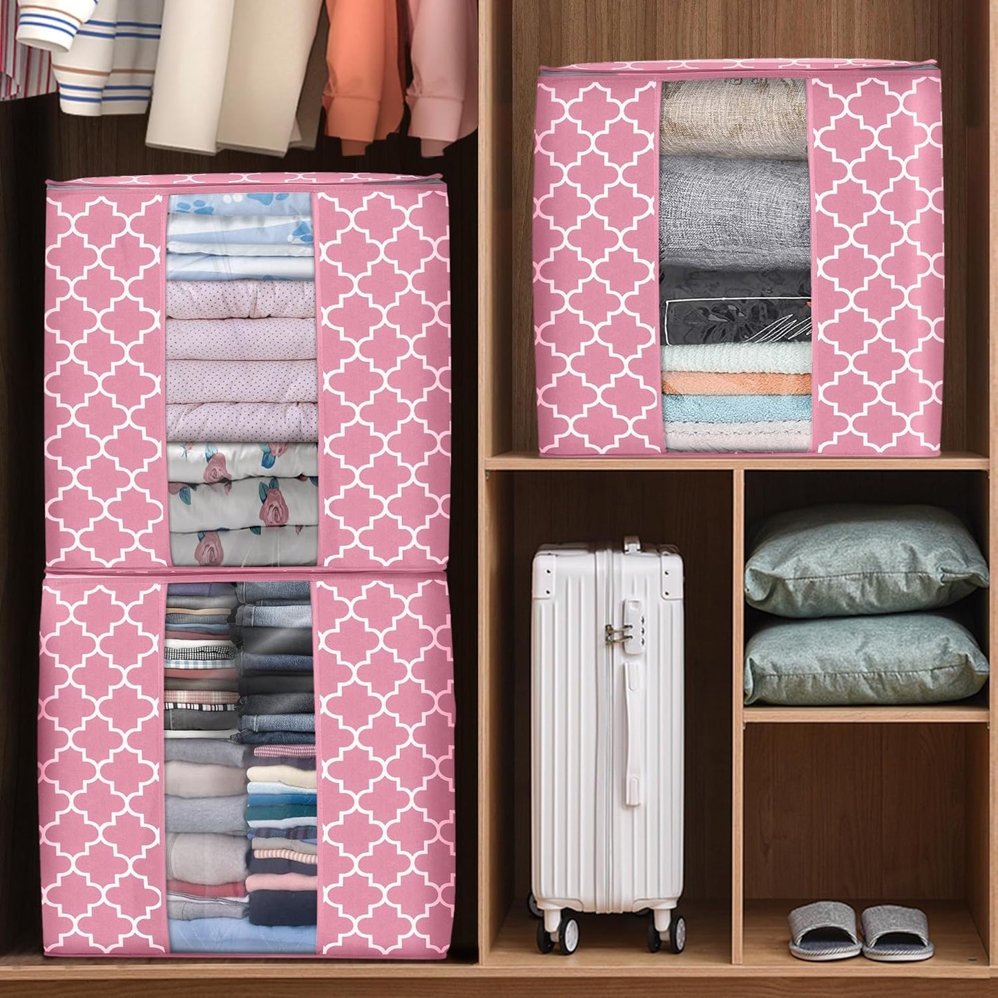 WISELIFE Storage Bags 6 Pack/100L Large Blanket Clothes Organization and Storage Containers for Comforters,Bedding, Foldable Organizer with Reinforced Handle, Clear Window, Sturdy Zippers,Pink