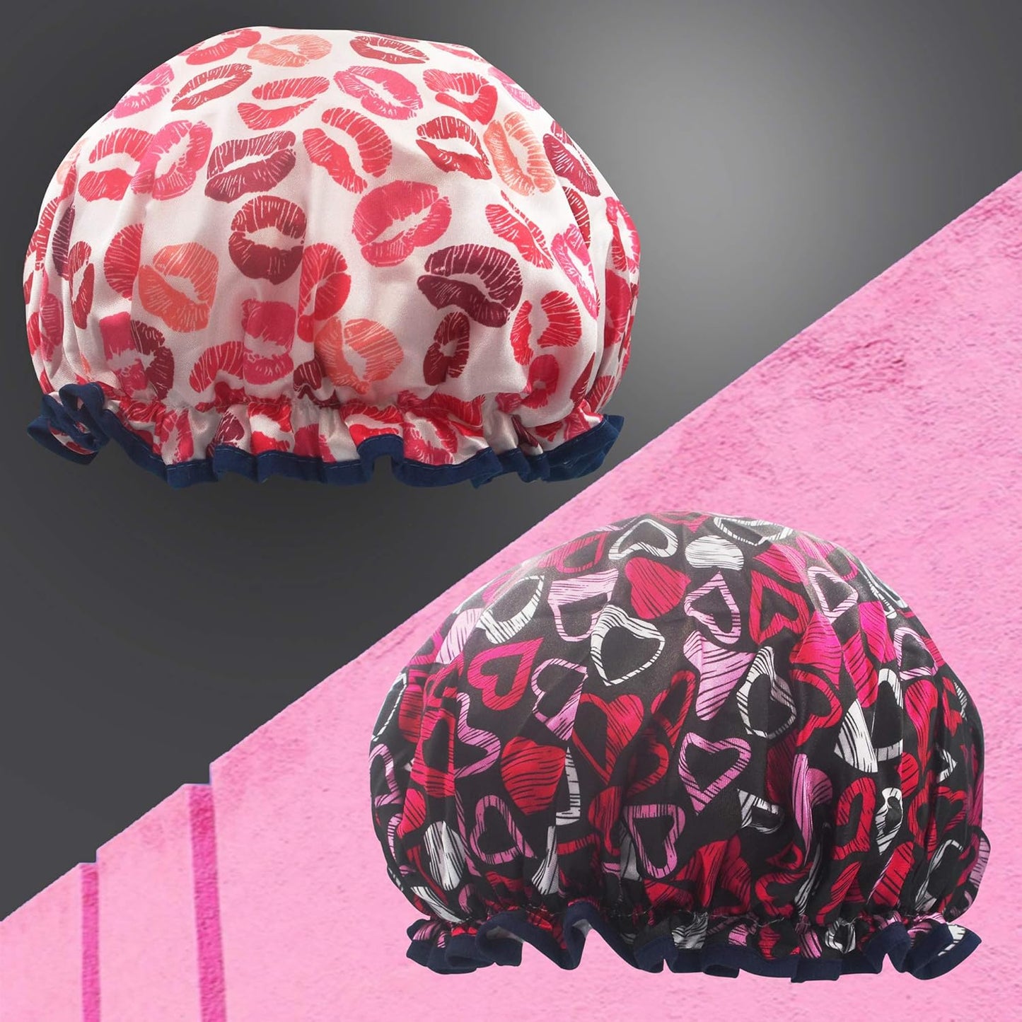 (2 Pack) Sexy Lovely Fashion Style Hair Cap Extra Large Double Layer Lined Waterproof Durable Eco-Friendly Shower Cap with Tight Elastic-Fashionista Collection Bath Cap (Lovely Style)