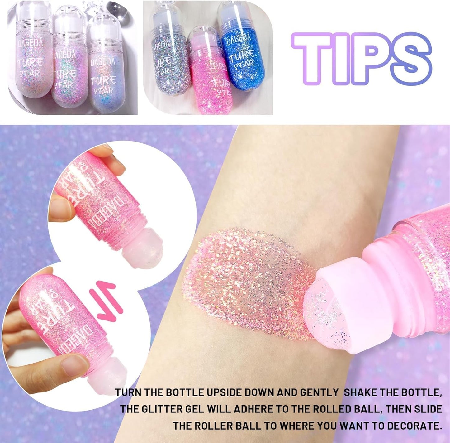 DAGEDA Body Glitter Gel, Roll-on Face Glitter for Mermaid Makeup Festival Rave Accessories, Holographic Hair Glitter Gel,Body Shimmer Halloween Makeup for Rave Party (Dazzle)