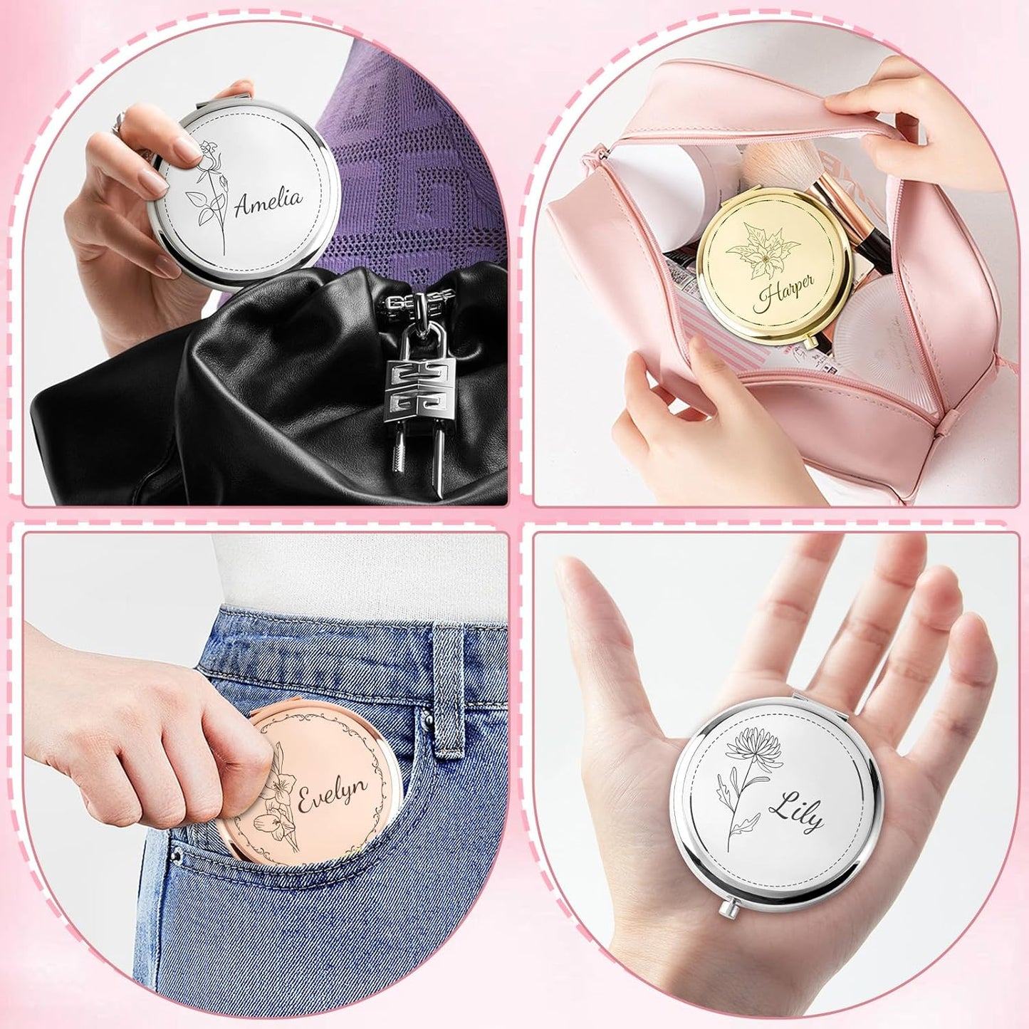Personalized Compact Mirror – Custom Pocket Mirror with Name, Monogram Travel Purse Mirror for Women, Bridal Shower Favors & Bridesmaid Gifts, Portable Makeup Accessory (Birthday Flowers)
