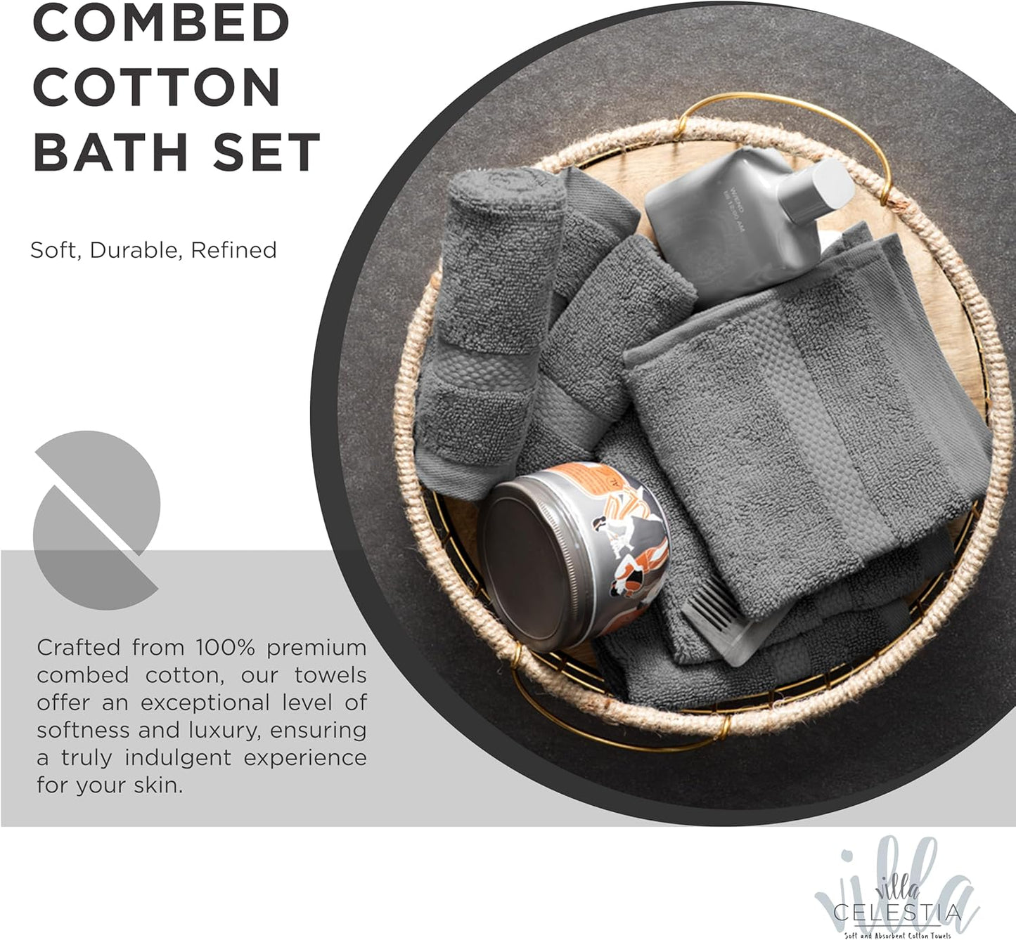 100% Cotton Bath Towel Set of 18-4 Bath Towels, 6 Hand Towels, 8 Wash Cloths, Sustainable, Soft, Highly Absorbent, Combed Cotton 18 Piece Set for Hotels, Spa, Bathroom, Dorm, Grey