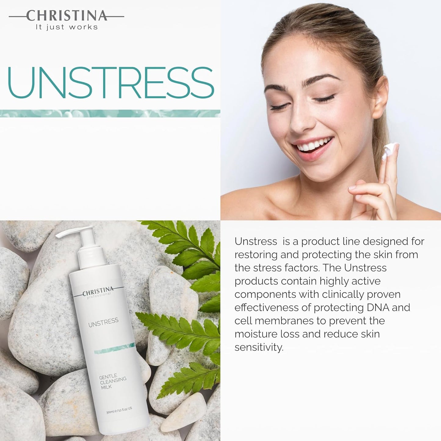 Christina - Unstress Gentle Cleansing Milk with Vitamin E | Smothing Refreshing milk Cleanser for Face | Soap-free Cleansing Milk for Face | Suitable for All Skin Types (10 fl oz.)