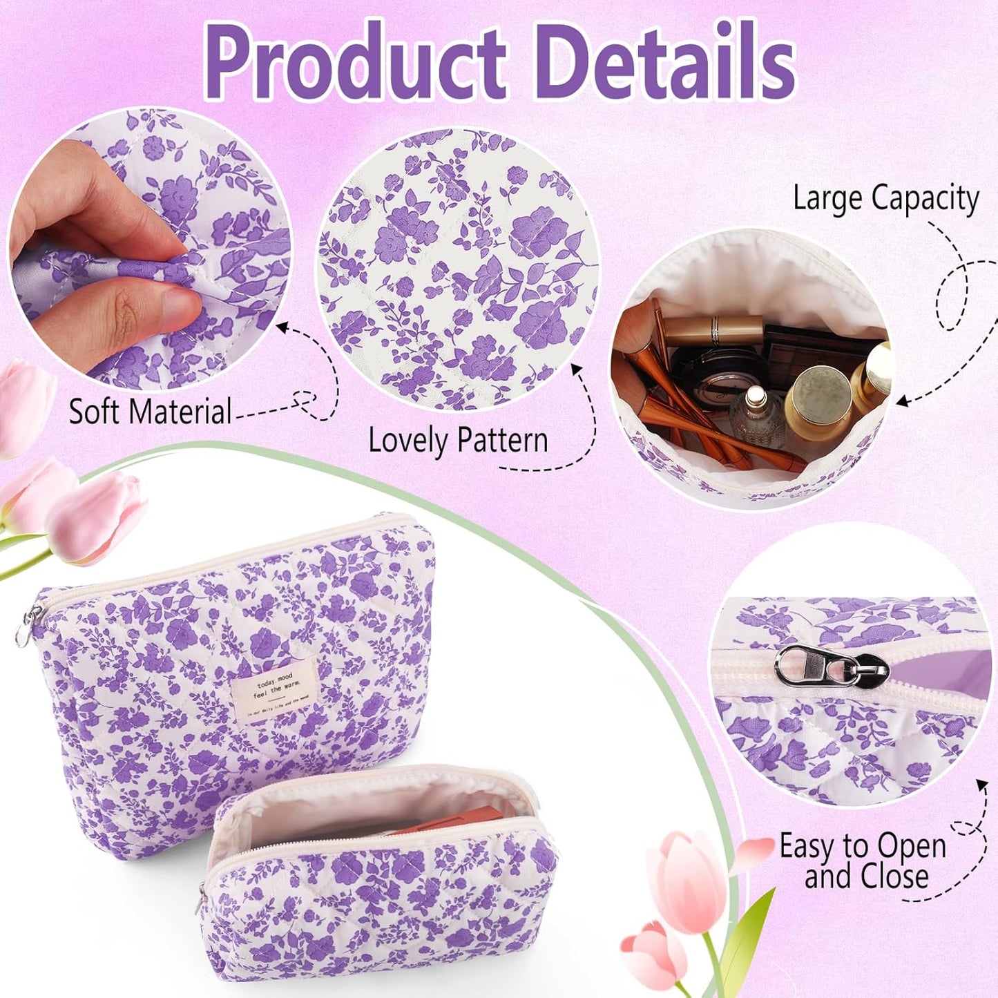 2Pcs Quilted Makeup Bag Set Flower Cute Pencil Case Large Small Travel Makeup Pouch Set for Women Coquette Makeup Bag Aesthetic Cotton Cosmetic Bag Purple Toiletry Organizer Storage Bag Zipper Pouch