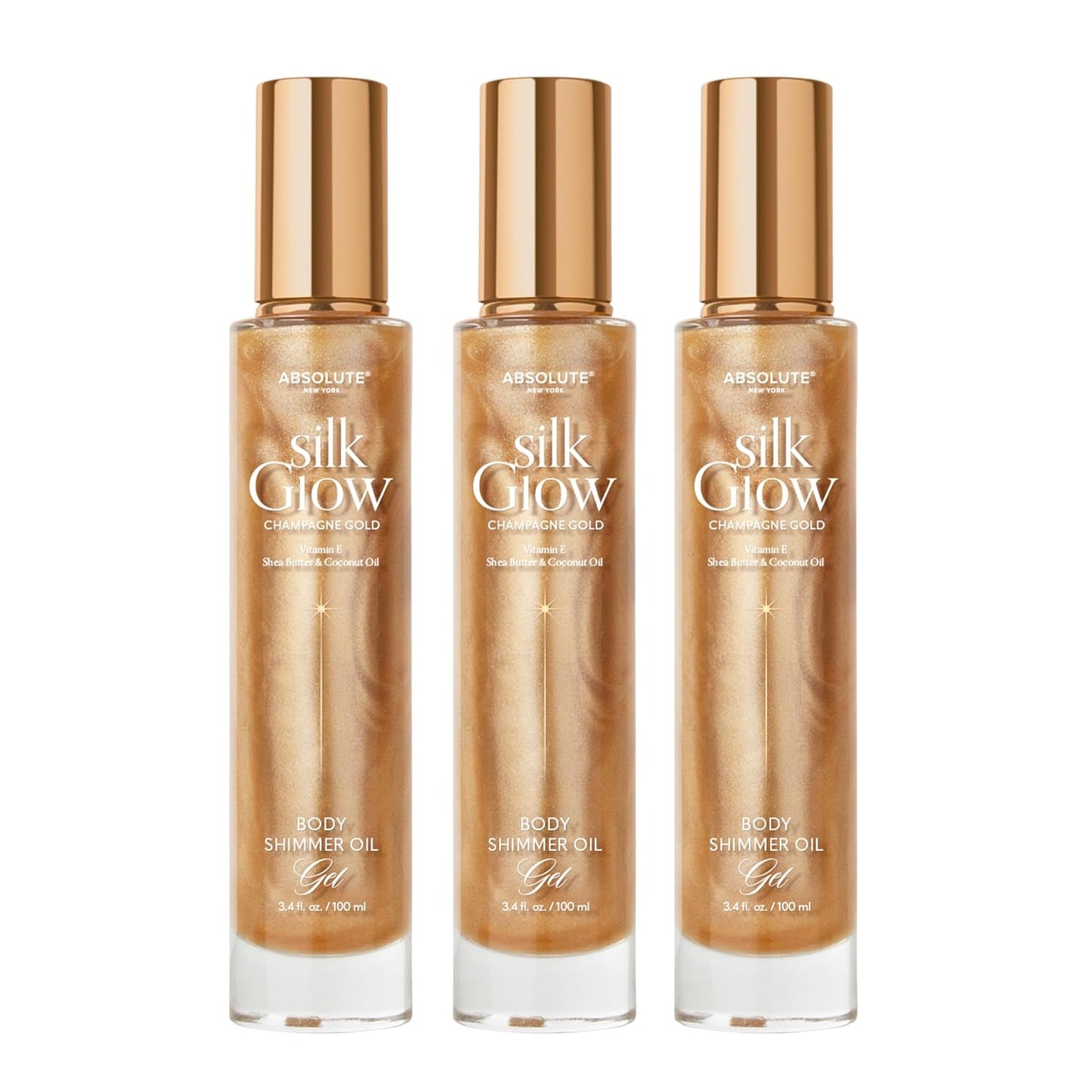 Absolute New York - Silk Glow Shimmer Mist Glow, Radiant, Shimmer Body & Face & Hair, Shea Butter, Coconut Oil, Vitamin E (SBGS05 Champagne Gold Oil Gek (Set of 3), 3.4 fl oz)