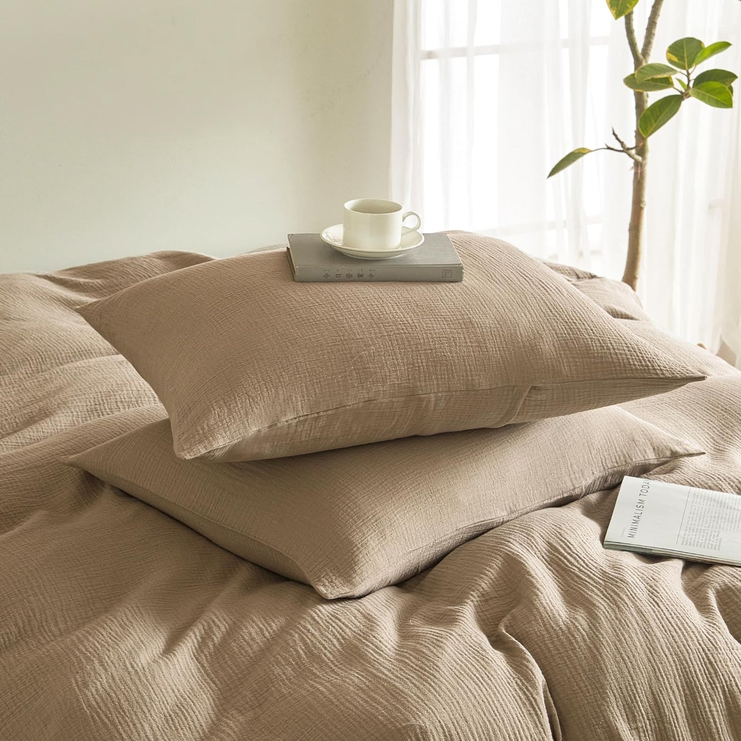 SE SOFTEXLY Muslin Pillowcases Standard Size 100% Cotton, 2 Pack Linen Like Pillow Shams with Envelope Closure, Ultral Soft and Breathable Pillow Case Covers, Light Brown, 20" X 26", No Filling