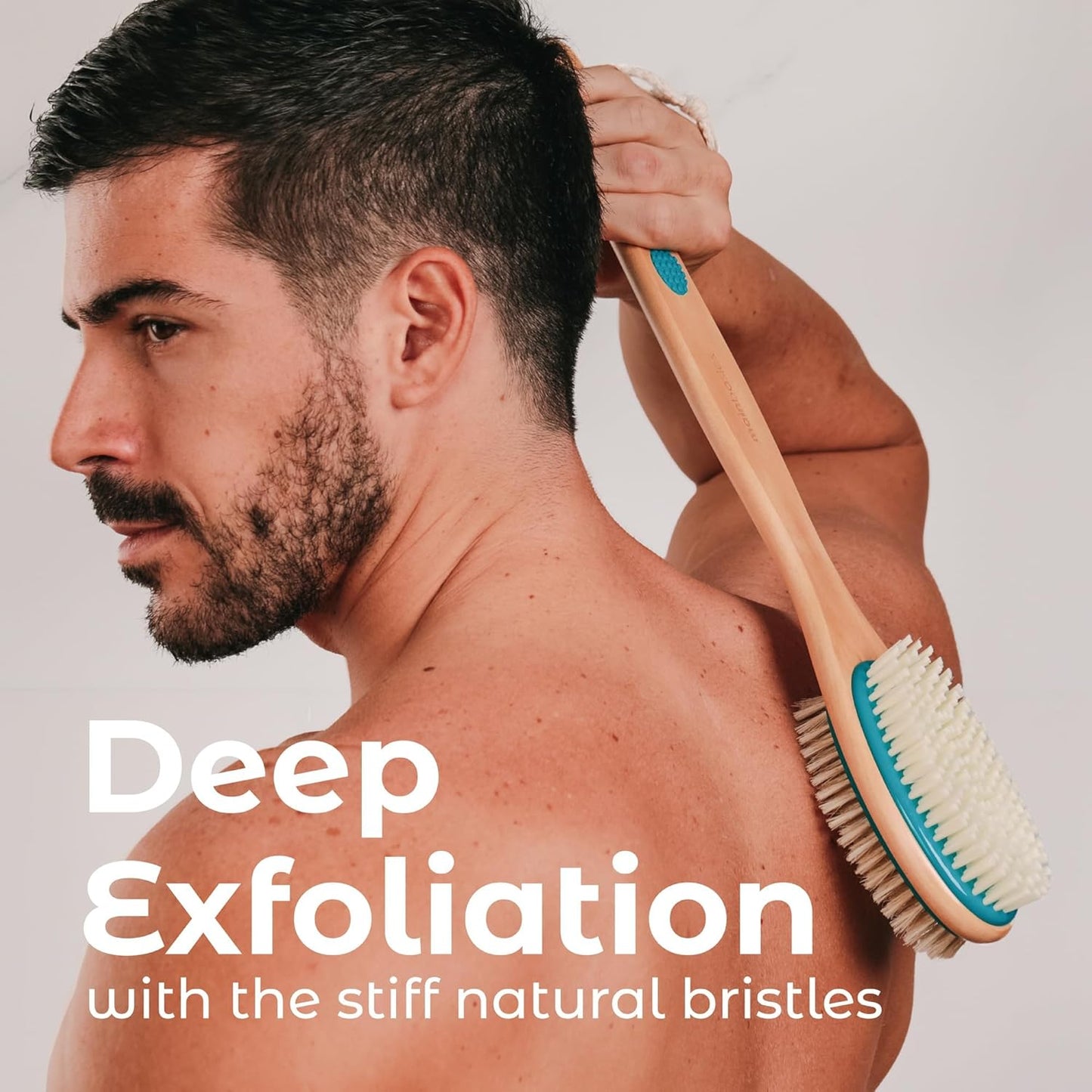 MainBasics Back Scrubber for Shower – Long Handle Dual-Sided Brush for Body Wash & Scrubbing with Exfoliating & Soft Bristles (Teal, Wood)