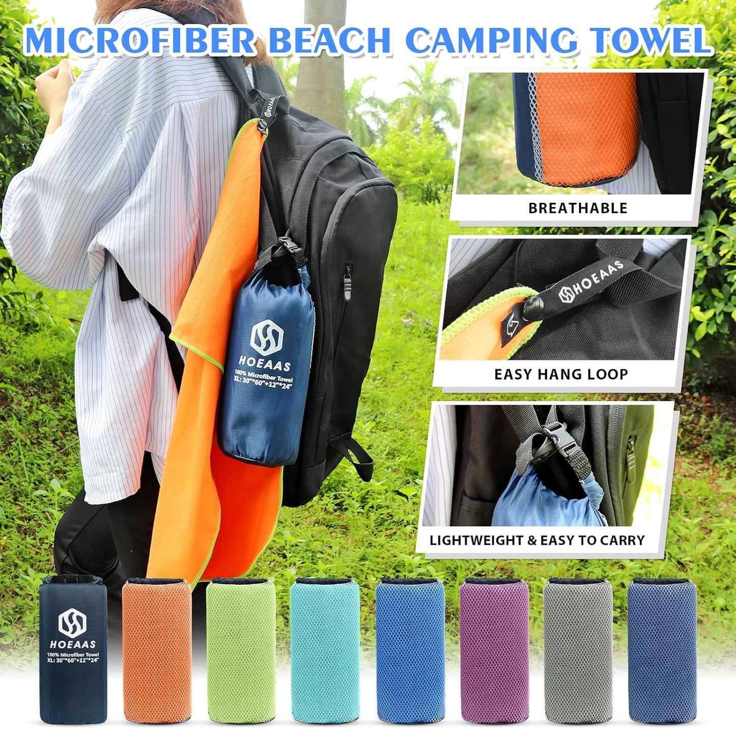HOEAAS 2 Pack Microfiber Camping Towels, Quick Dry Towel, Super Absorbent Ultra Compact Travel Towel Soft Lightweight Sports Towel for Sweat Fast Drying Towels for Pool,Gym,Hiking,Backpacking,Fitness