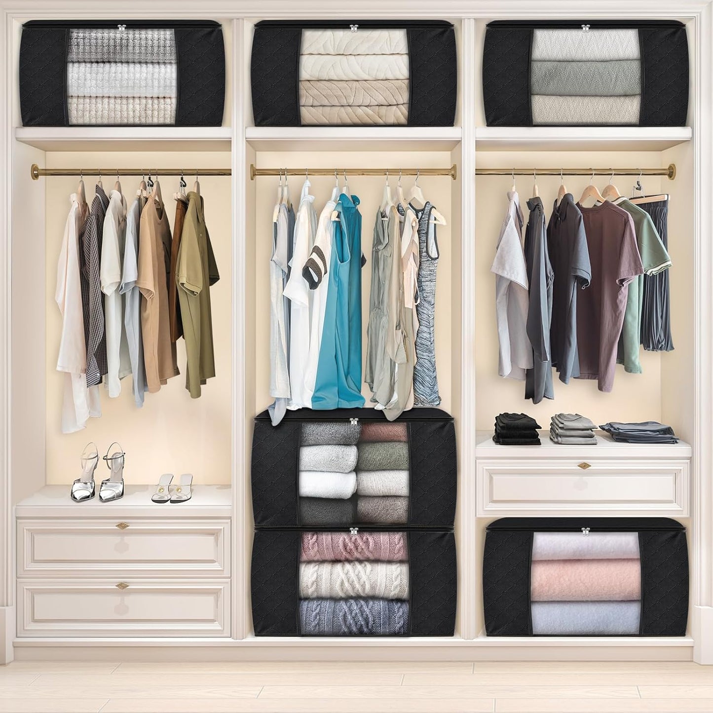 Fab totes 24 Gallons Clothes Storage, Foldable Thick Fabric Blanket Storage Bags, Containers for Organizing Bedroom, Closet, Clothing, Comforter, Organization with Handle (8 Pack,Black)