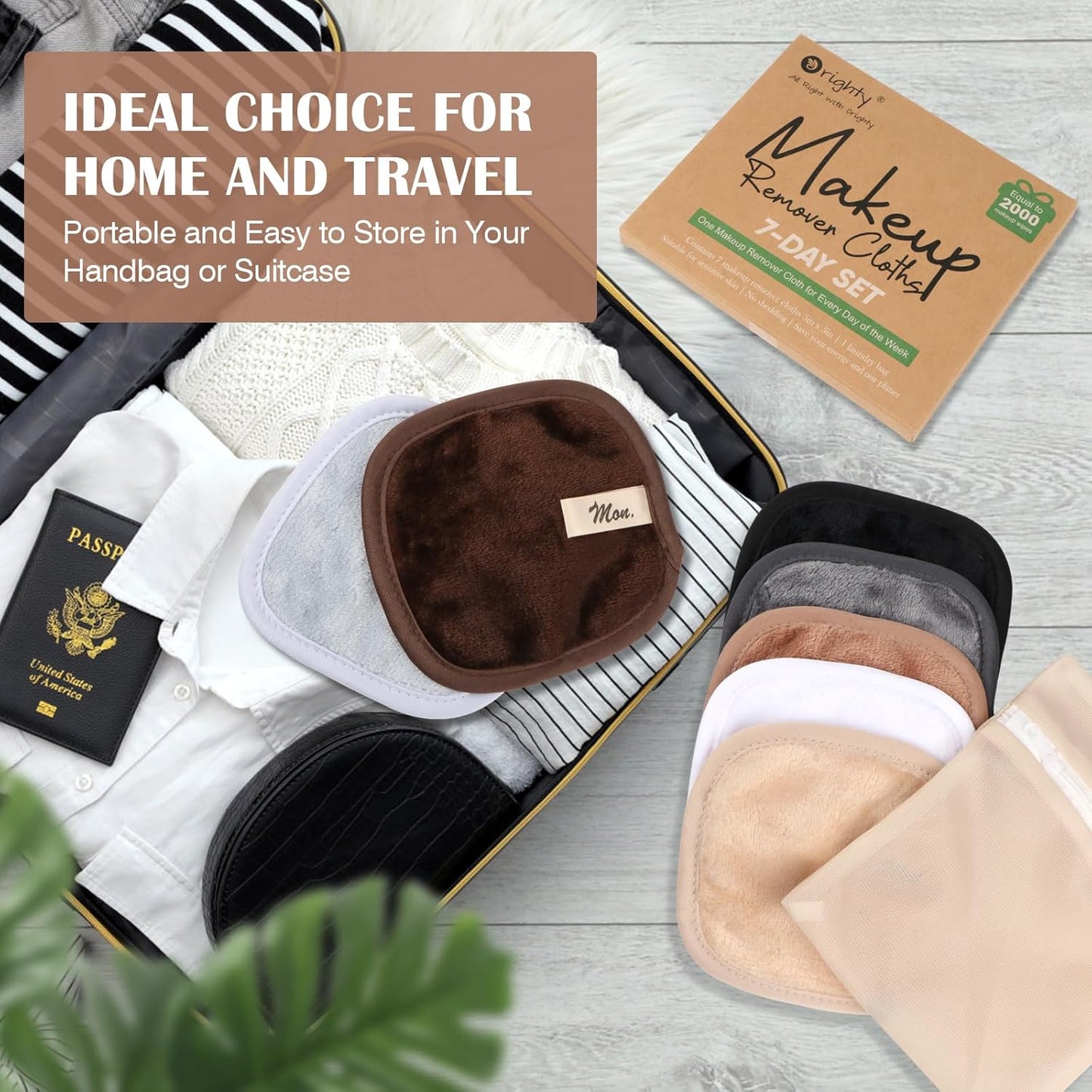 Orighty Makeup Remover Cloths 7-Day Set, Premium & Reusable Makeup Remover Pads, Erase Make-up With Just Water, Make-up Set For Eyes, Lips, Foundation and more, Ideal Choice For Women (Neutrals)