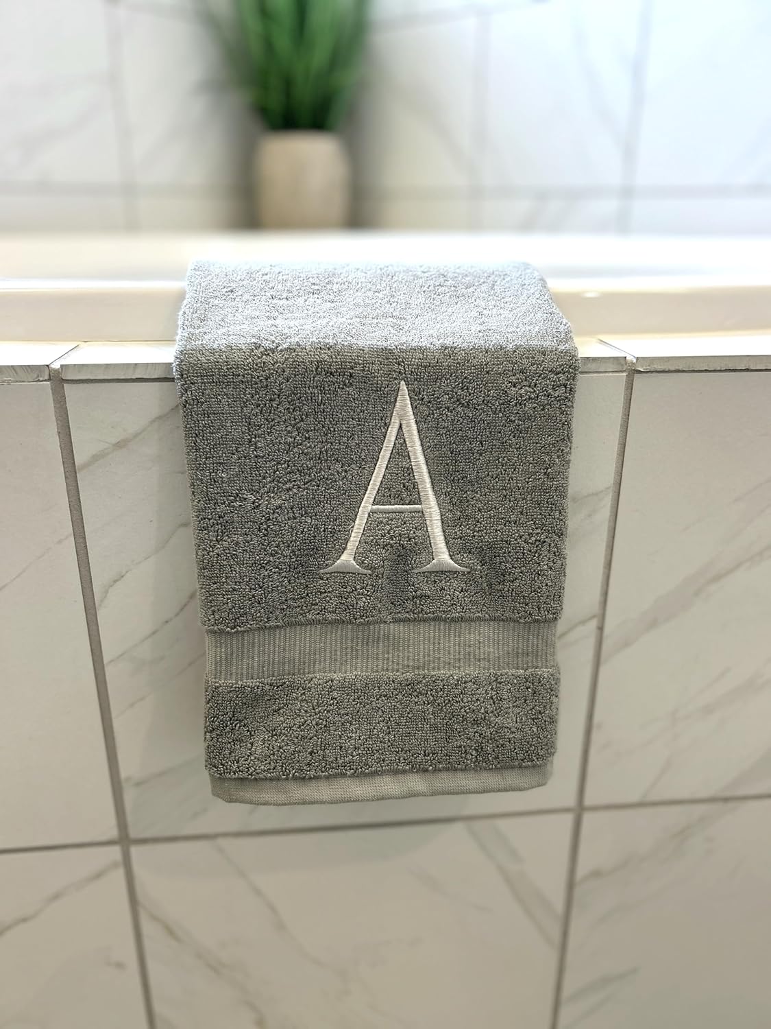 Gray Initial Hand Towel for Bathroom - Monogrammed Luxury Hotel Quality Decorative Embroidered Towel for Powder Room, Spa - GOTS Organic Certified - Set of 2 Silver Letter F