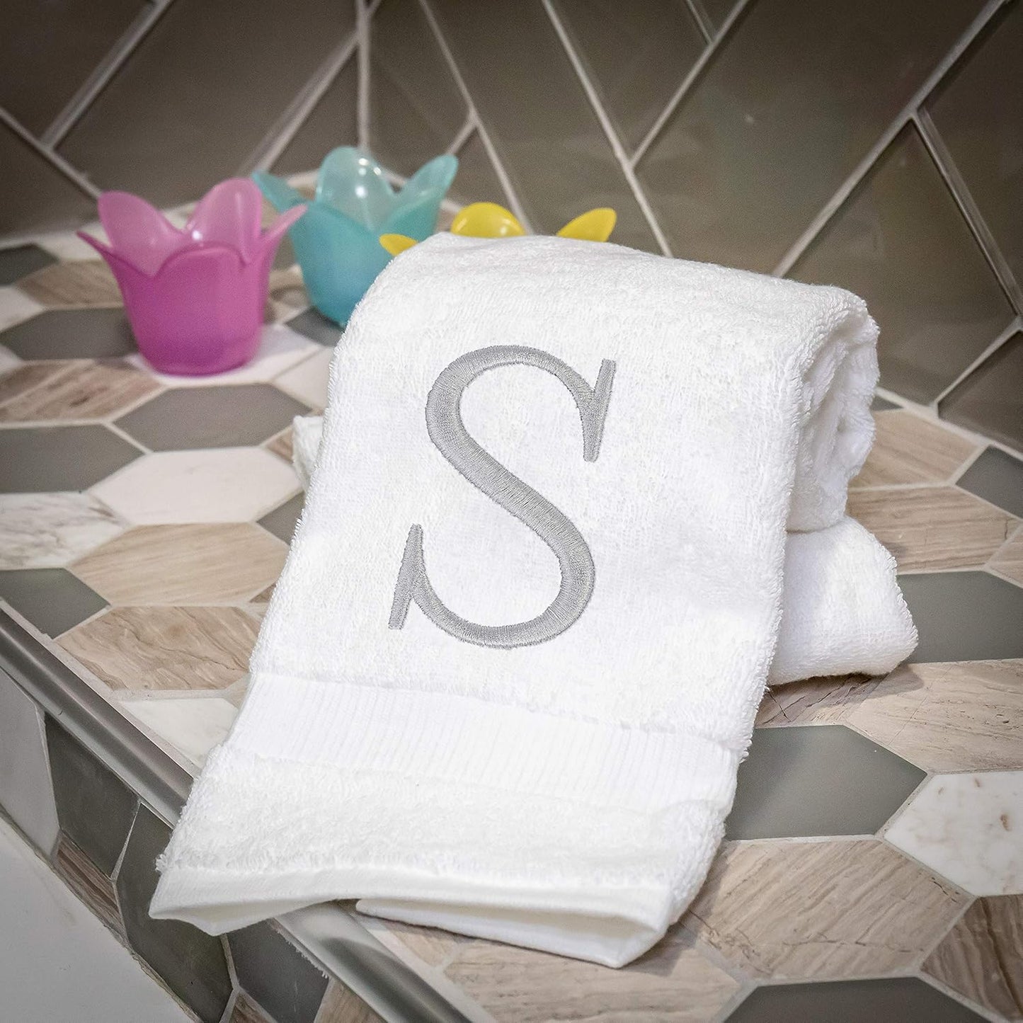 Monogrammed Hand Towels for Bathroom - Luxury Hotel Quality Personalized Initial Decorative Embroidered Bath Towel for Powder Room, Spa - GOTS Organic Certified - Set of 2 Letter S