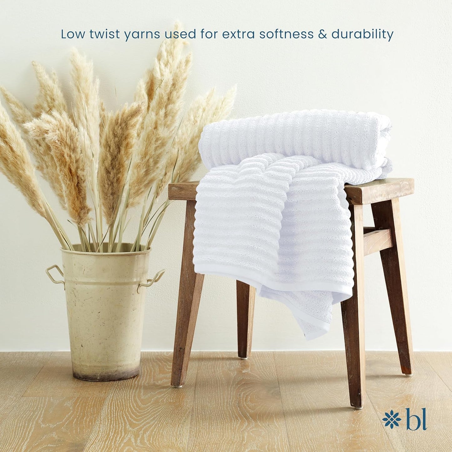 Blue Loom Ribbed Bath Towels Set, 100% Cotton 600GSM, Soft Absorbent Durable 2 Bath Towels, 2 Hand Towels, 2 Wash Cloths for Bathroom - Mason (58" x 30" inch Towels) (White, 6 Piece)