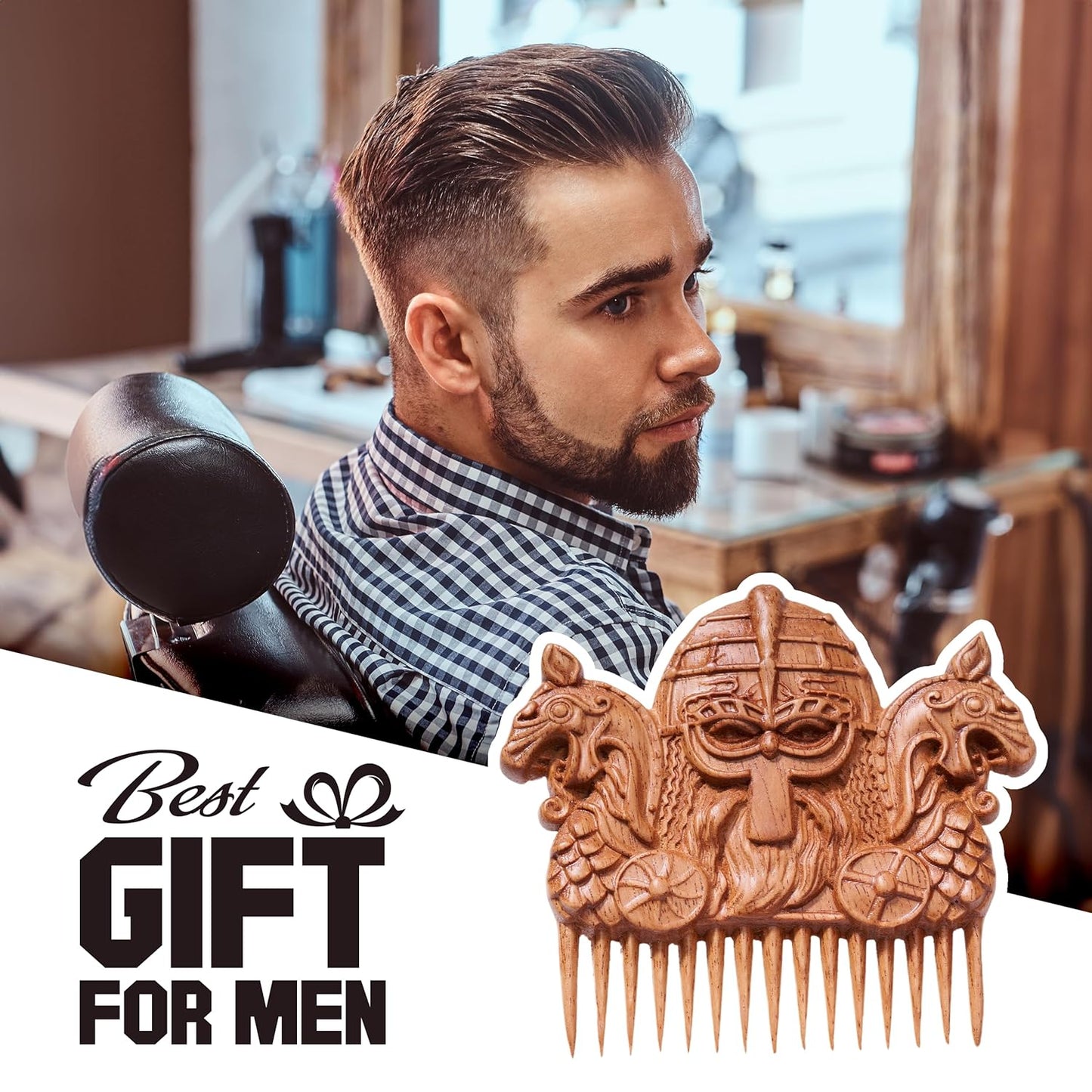 Handicraftviet Hand-Carved Wooden Hair Comb, Wooden Comb for Men's Hair, Beard, and Mustache, Great Gift - Vilking 2 - Natural wood