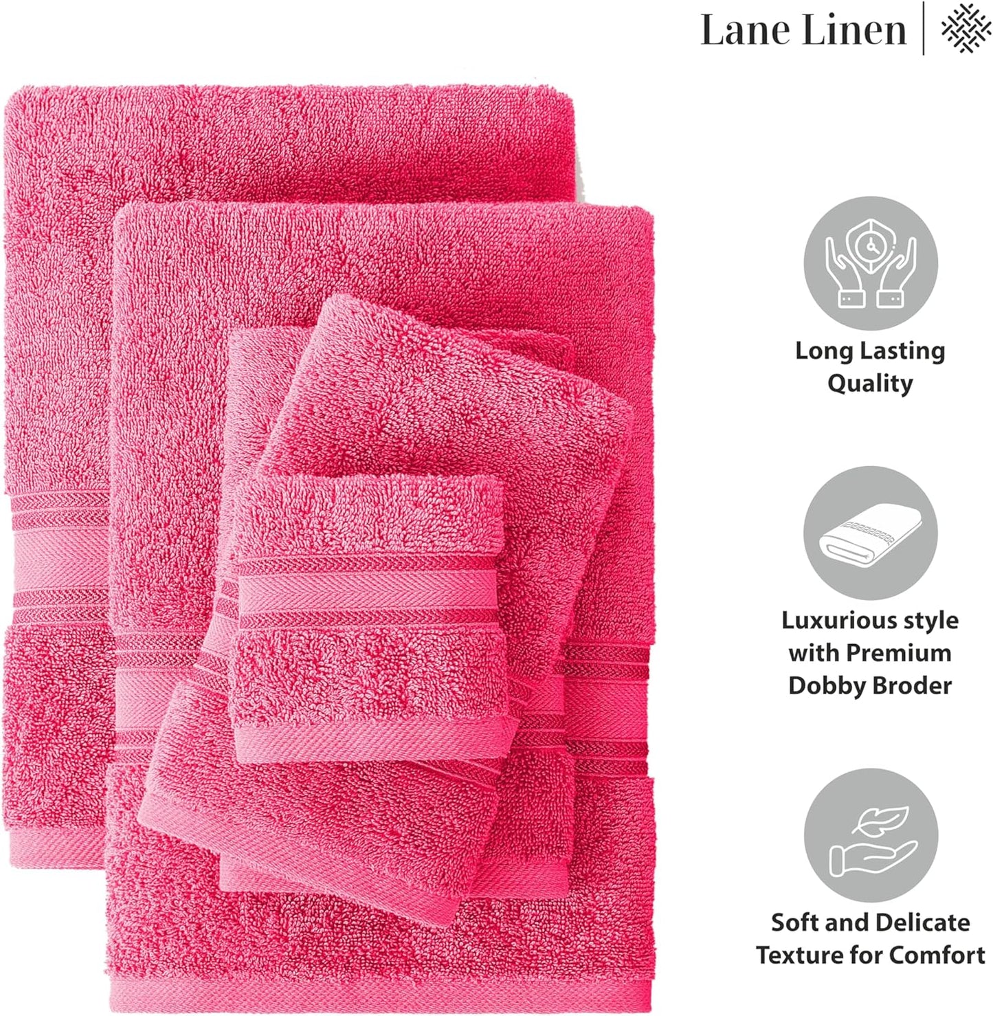 LANE LINEN 100% Cotton Luxury Bathroom Towel Set - 18 Pcs - Zero Twist, Quick Dry, Super Soft & Highly Absorbent - 6 Bath Towels, 6 Washcloths, 6 Hand Towels - Pre Shrunk & Fade Resistant - Fuschia