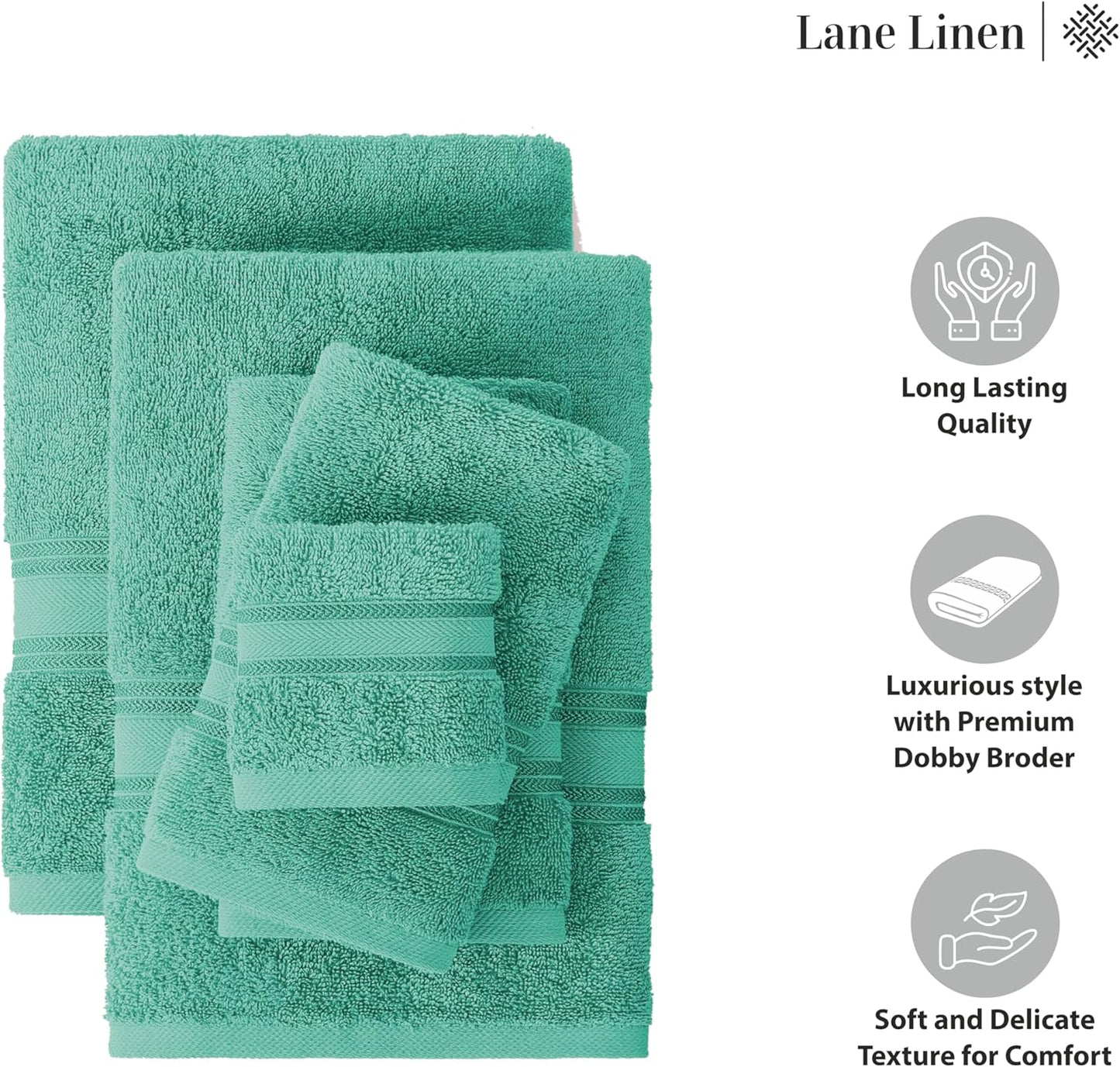 LANE LINEN Luxury Bath Towels Set - 6 Piece, 100% Cotton, Zero Twist, Quick Dry, Absorbent, Super Soft 2 Bath Towels, 2 Hand Towels, 2 Wash Cloths: Teal