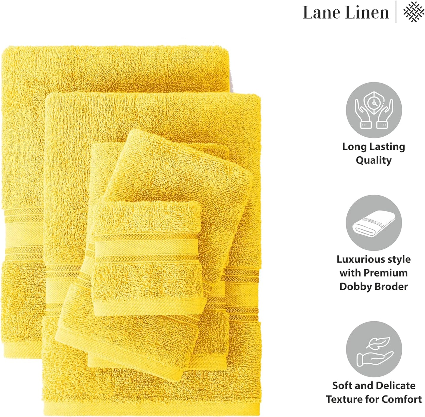 LANE LINEN 100% Cotton Luxury Bath Towel Set - 18 Pieces - Zero Twist, Ultra Soft, Quick Dry & Extra Absorbent - 6 Bath, 6 Washcloths, 6 Bathroom Hand Towels - Machine Wash in Cold Setting - Mimosa