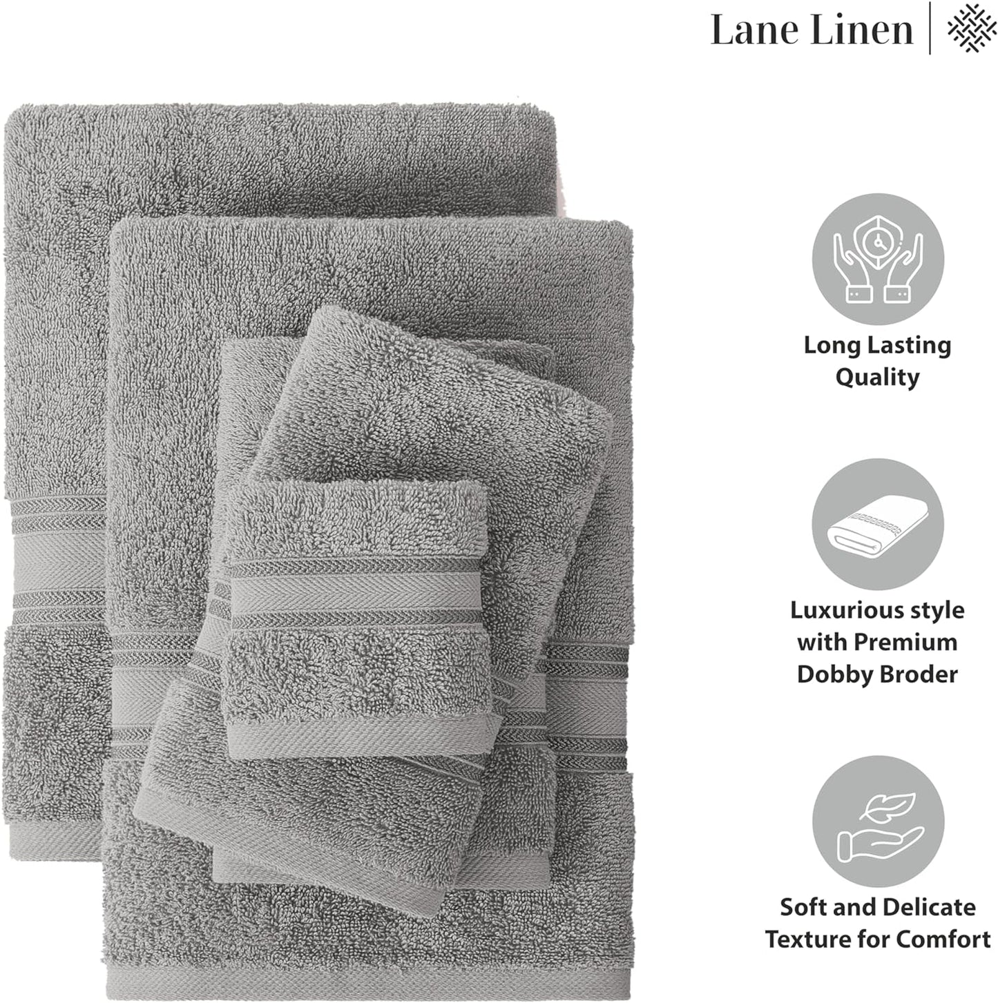 LANE LINEN Luxury Bath Towels Set - 3 Piece 100% Cotton Bathroom Towels, Quick Dry, Extra Aborbent, Super Soft Towels Set 1 Hand Towel, 1 Wash Cloths, 1 Bath Towel, Space Grey