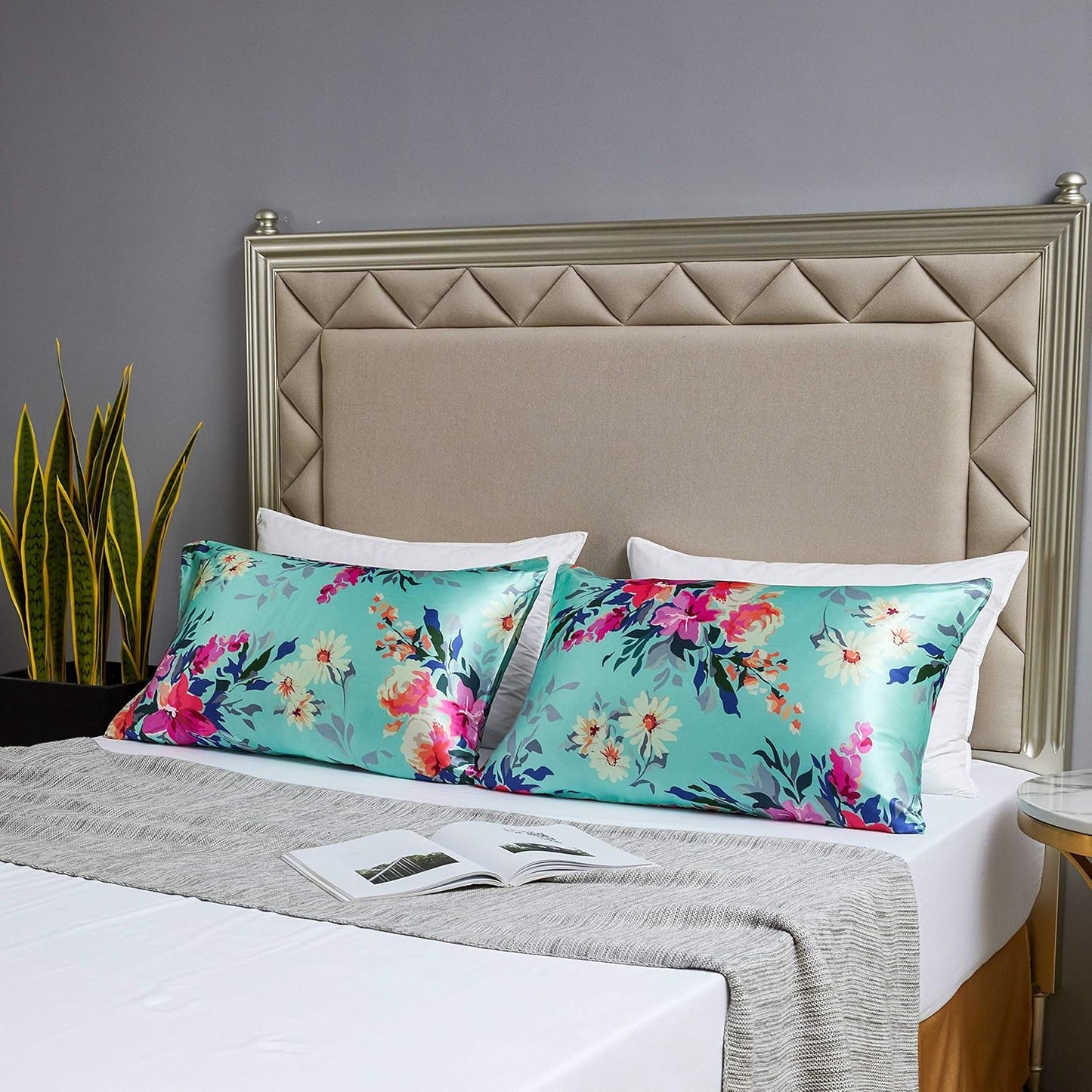 MR&HM Satin Pillowcase for Hair and Skin, Silk Satin Pillowcase 2 Pack, Queen Size Pillow Cases Set of 2, Silky Pillow Cover with Envelope Closure (20x30, Floral Green)