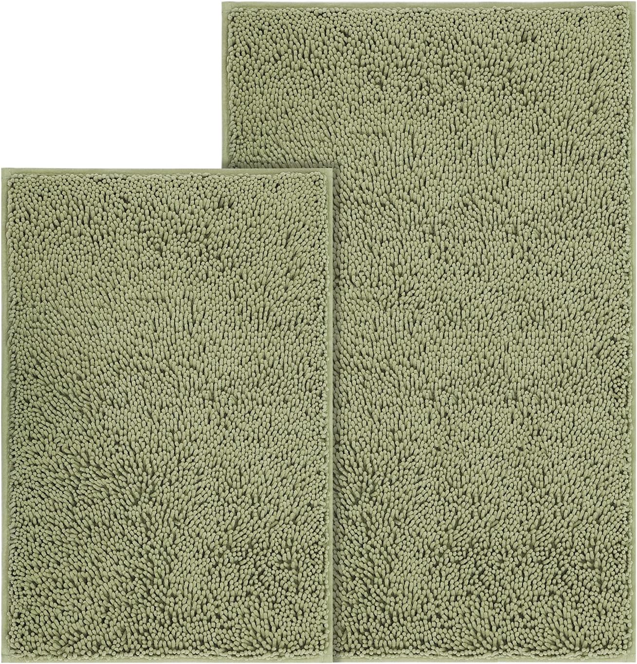 2pc Non-Slip Shaggy Chenille Bathroom Mat Set, Includes 24 x 16 Inches Bath Rug and 32 x 20 Inches Bathmat, Water Absorbent Carpet, Sage Green