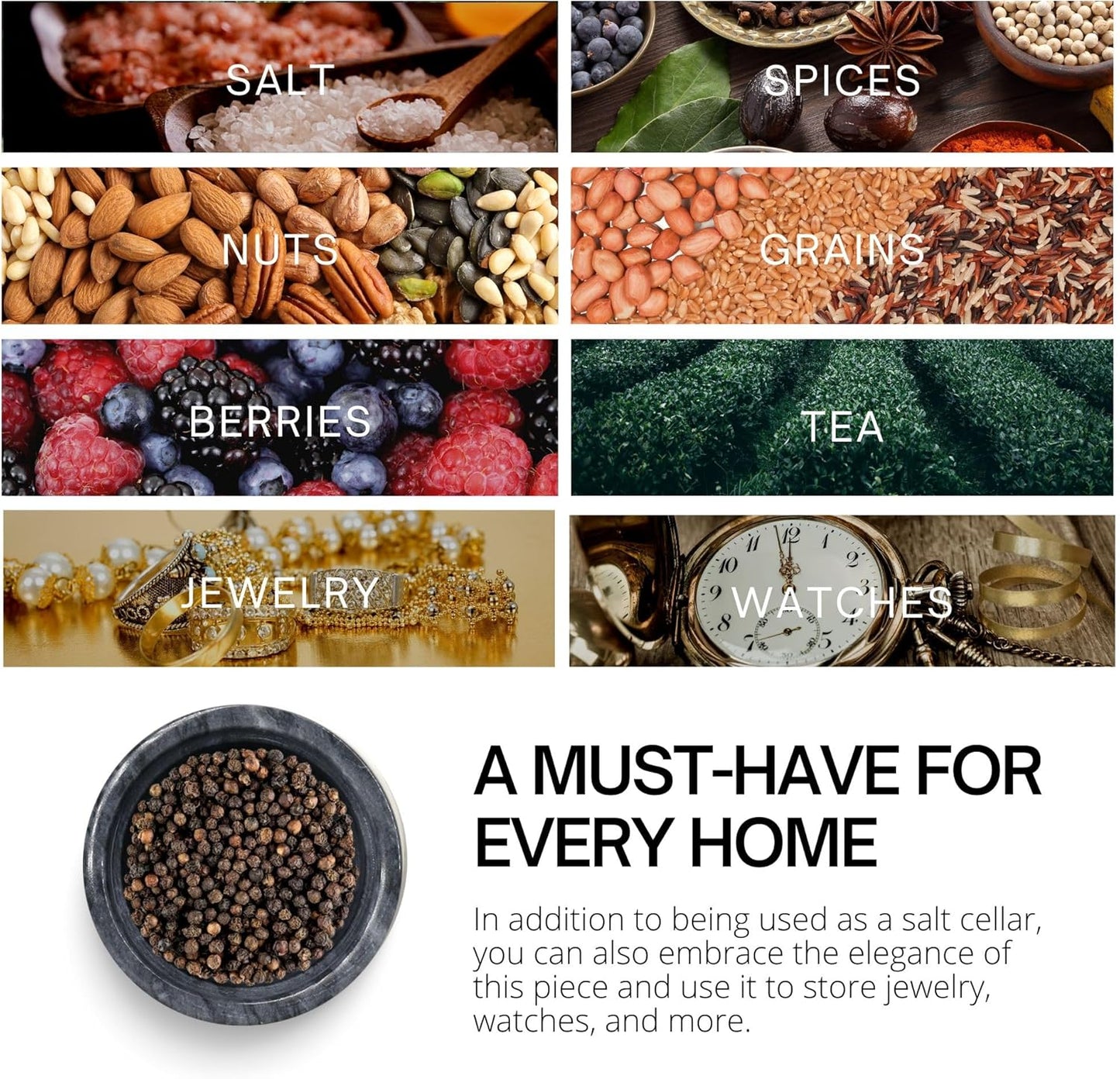 Flexzion Marble Salt Cellar with Lid, Multi-Purpose Marble Container for Salt, Pepper, Paprika and Powdered Herbs, Salt Containers for Countertop, Box for Jewelry, Watches & Accessories (Black)