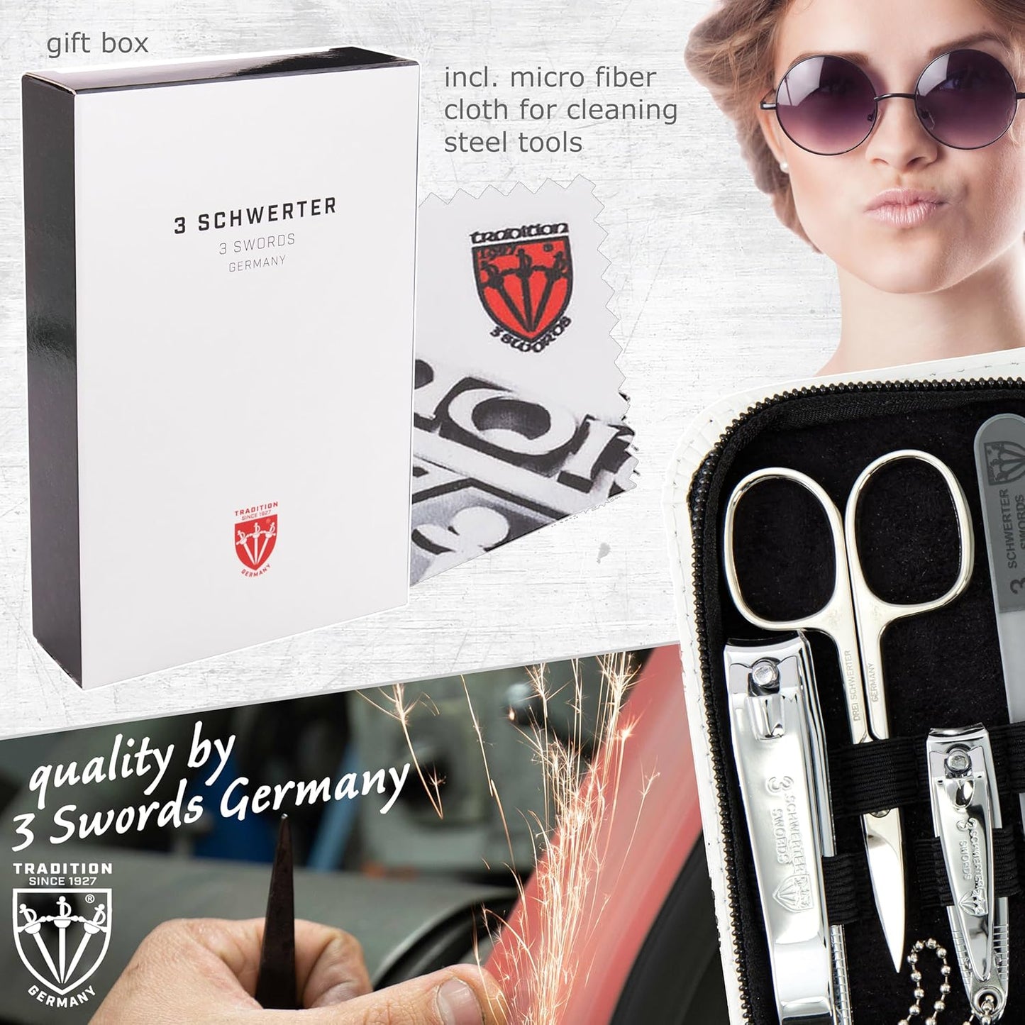 Swords Germany - brand quality 8 piece manicure pedicure grooming kit set for professional nail care genuine leather case white - Made in Germany