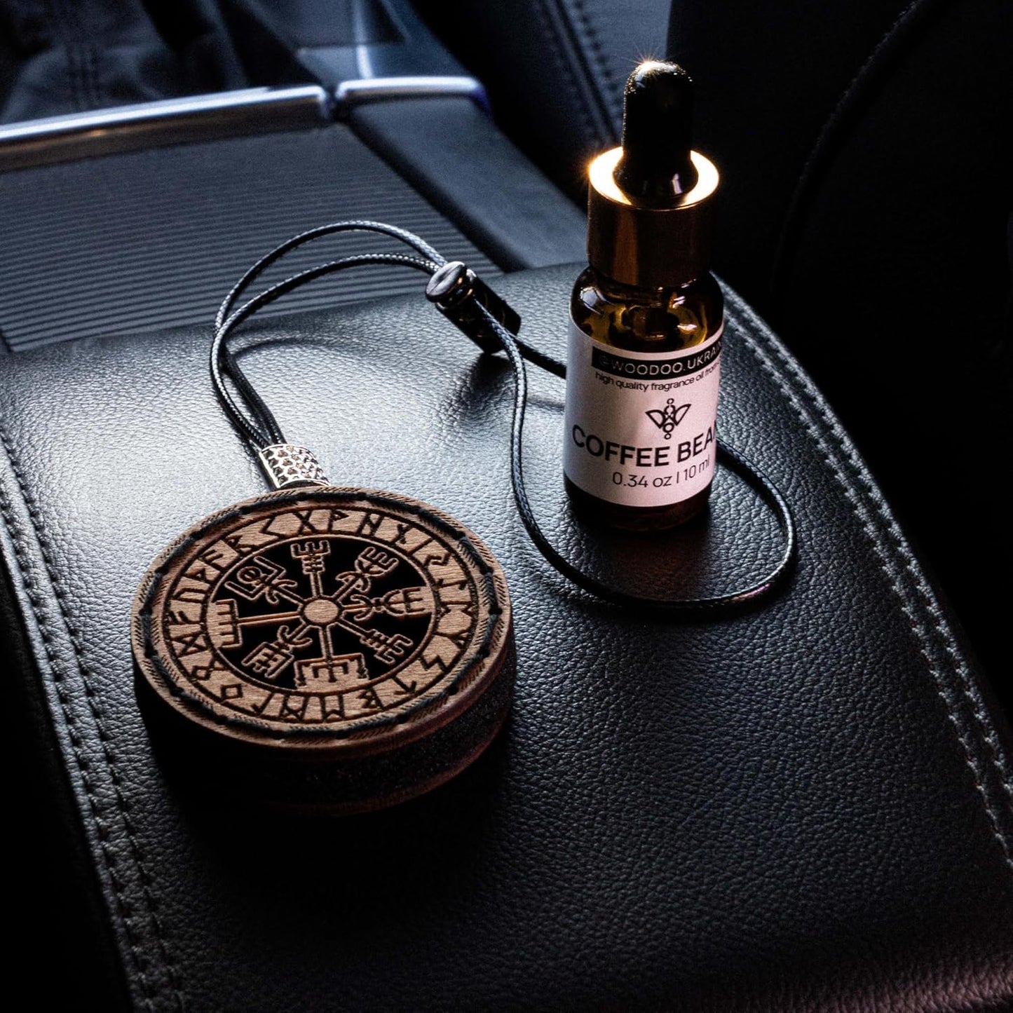 Wood Car Air Freshener — Handmade Car Air Freshener — Vegvisir Designed Fragrance Oil Diffuser in Wooden Gift Box — Aromatherapy Gift Set with Coffee Beans Fragrance Oil - 10 ml
