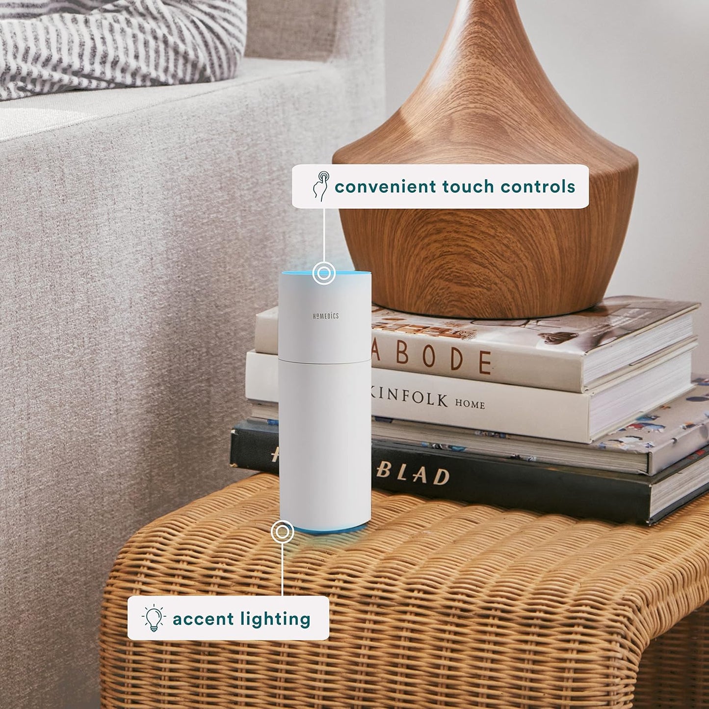 Homedics Portable Humidifier - Small Air Humidifiers for Bedroom, Plants, Office, Travel - Cool Mist Humidifiers, Color-Changing Accent Light, 2 Mist Settings, White