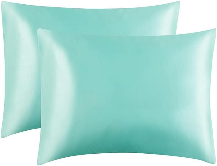 JUWENIN,Luxury Satin Pillowcase with Zipper (Silky Satin Pillow Case for Hair) Set of 2 (Queen, Aqua Blue)